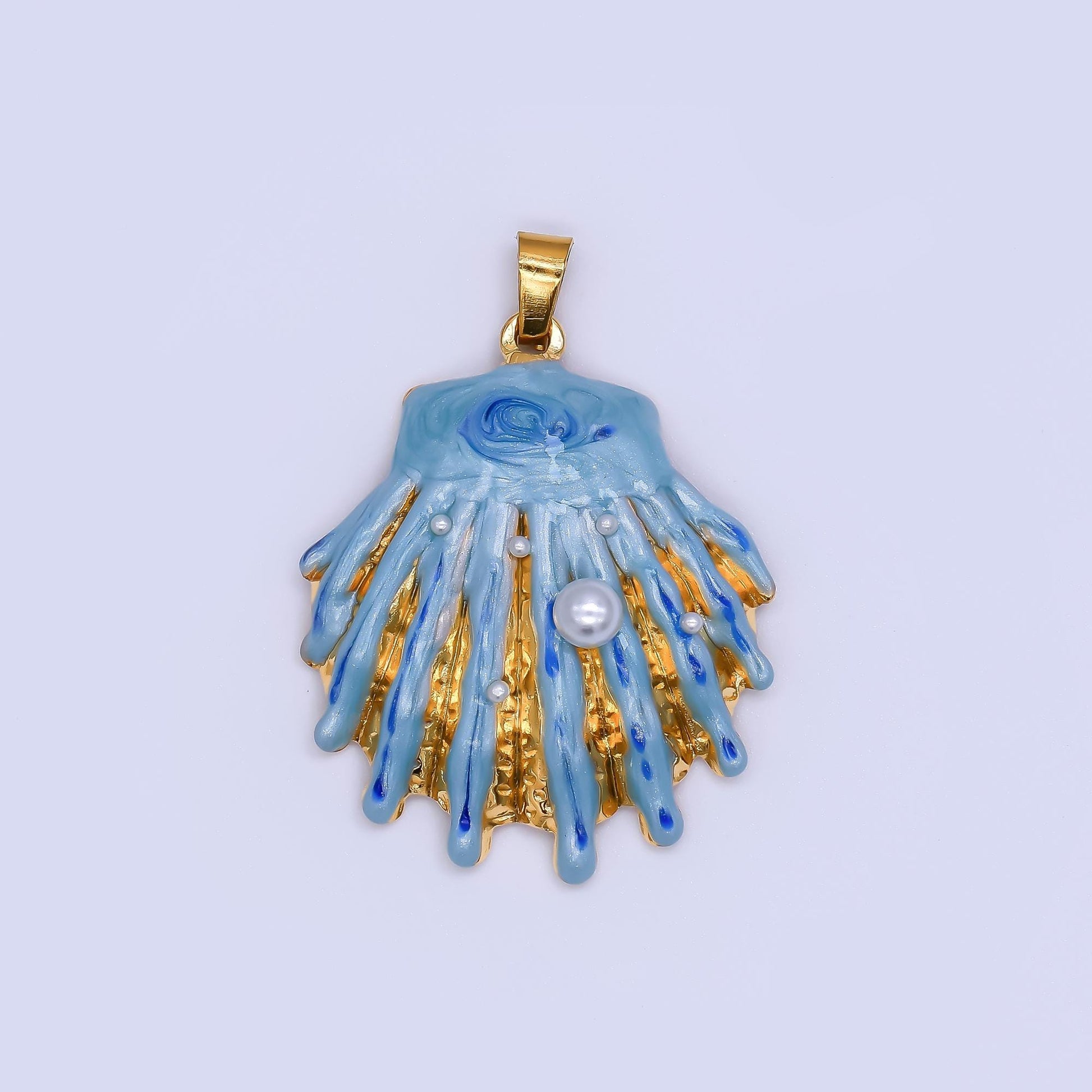 Big PVD Gold Stainless Steel Blue Enamel Clam Shell Charm Beach Jewelry Making Supply | J-169