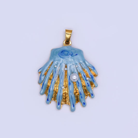 Big PVD Gold Stainless Steel Blue Enamel Clam Shell Charm Beach Jewelry Making Supply | J-169