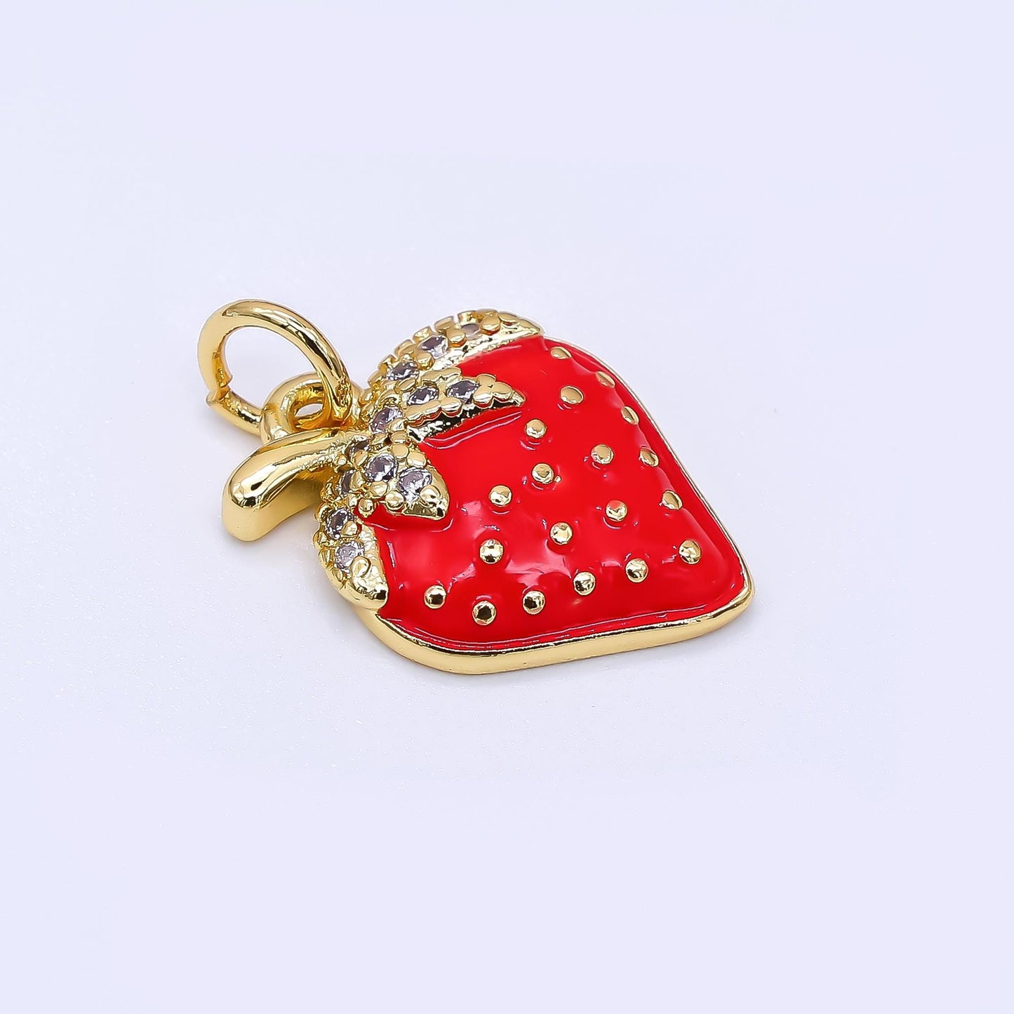 24K Gold Filled 16mm Micro Paved CZ Red Strawberry Fruit Charm | AF-549