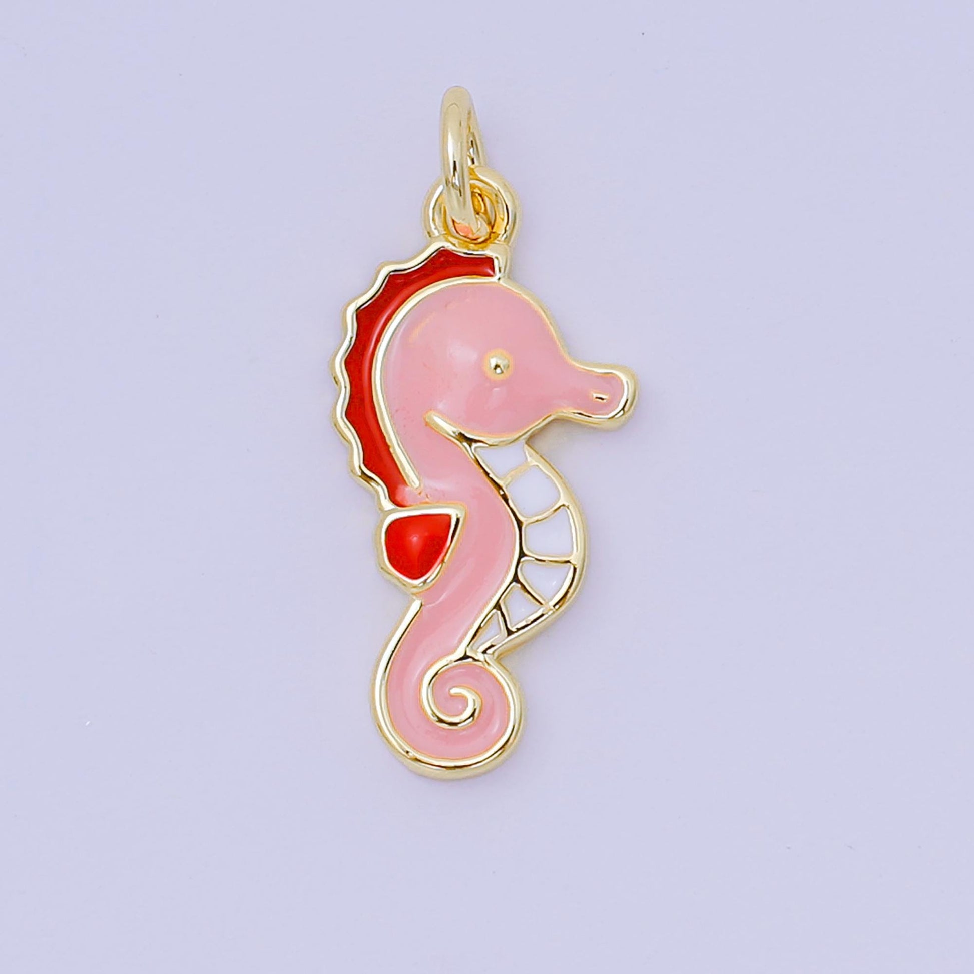 24K Gold Filled 19mm Pink Enamel Ocean Seahorse Animal Charm | D-532