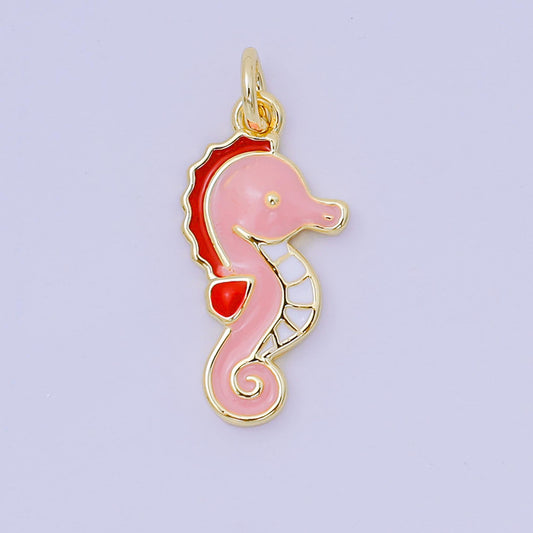 24K Gold Filled 19mm Pink Enamel Ocean Seahorse Animal Charm | D-532