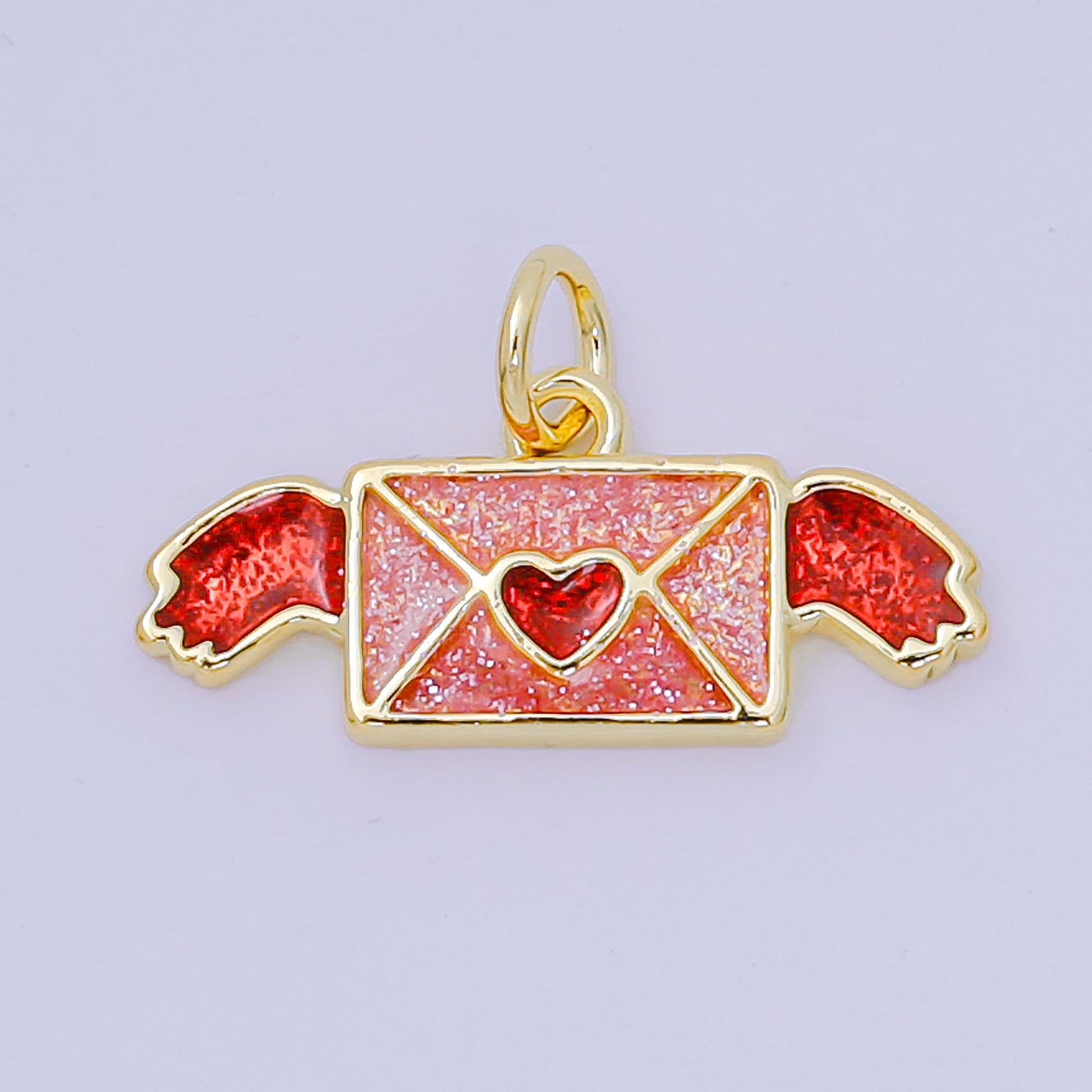 24K Gold Filled 9mm Rose Red Enamel Romantic Love Letter Delivery Wings Charm | D-562