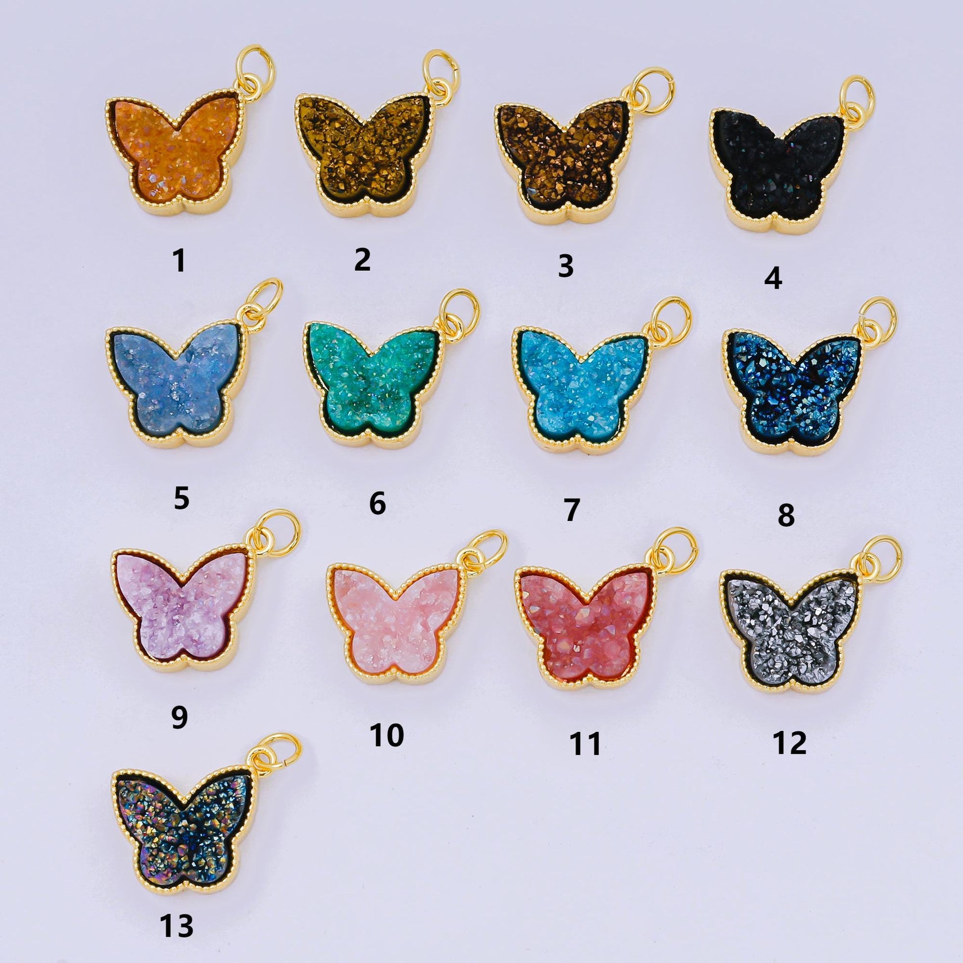 24K Gold Filled 14mm Glittery Multicolor Butterfly Druzy Stone Animal Charm | D-668 D-677 D-700 D-708 D-757 D-796 D-810