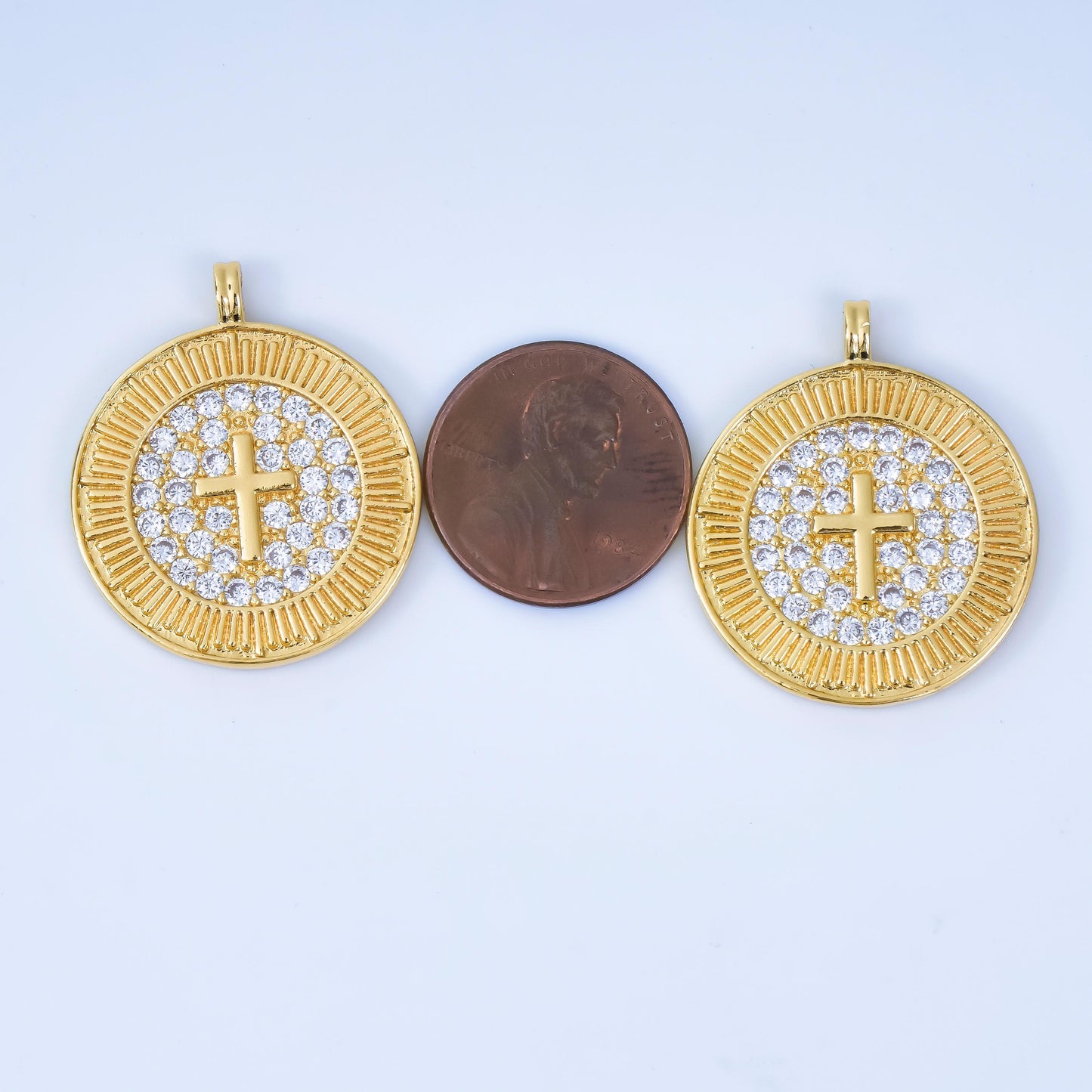 24K Gold Filled 25mm Religious Cross Micro Paved CZ Ribbed Round Medallion Pendant | AA1606