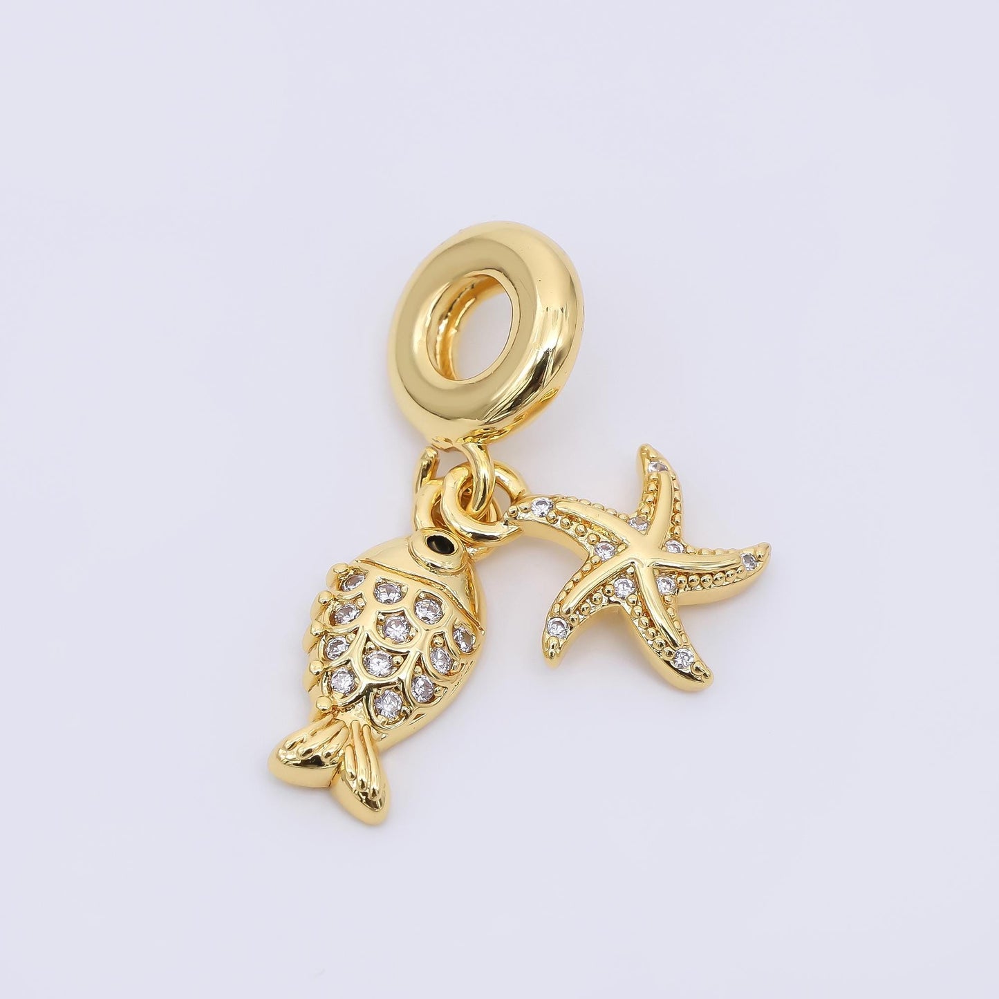 24K Gold Filled Starfish Sardine Fish Micro Paved CZ Rondelle Drop Charm | AC1644