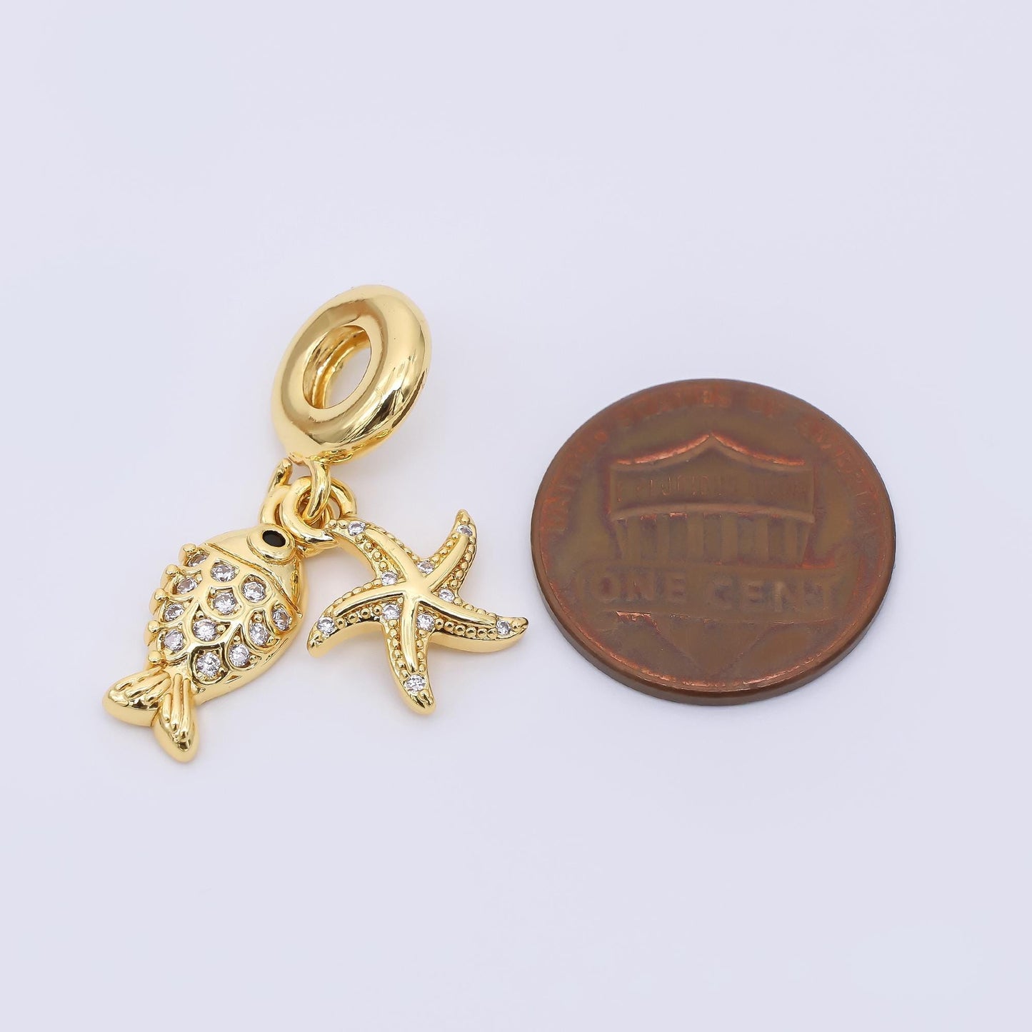 24K Gold Filled Starfish Sardine Fish Micro Paved CZ Rondelle Drop Charm | AC1644
