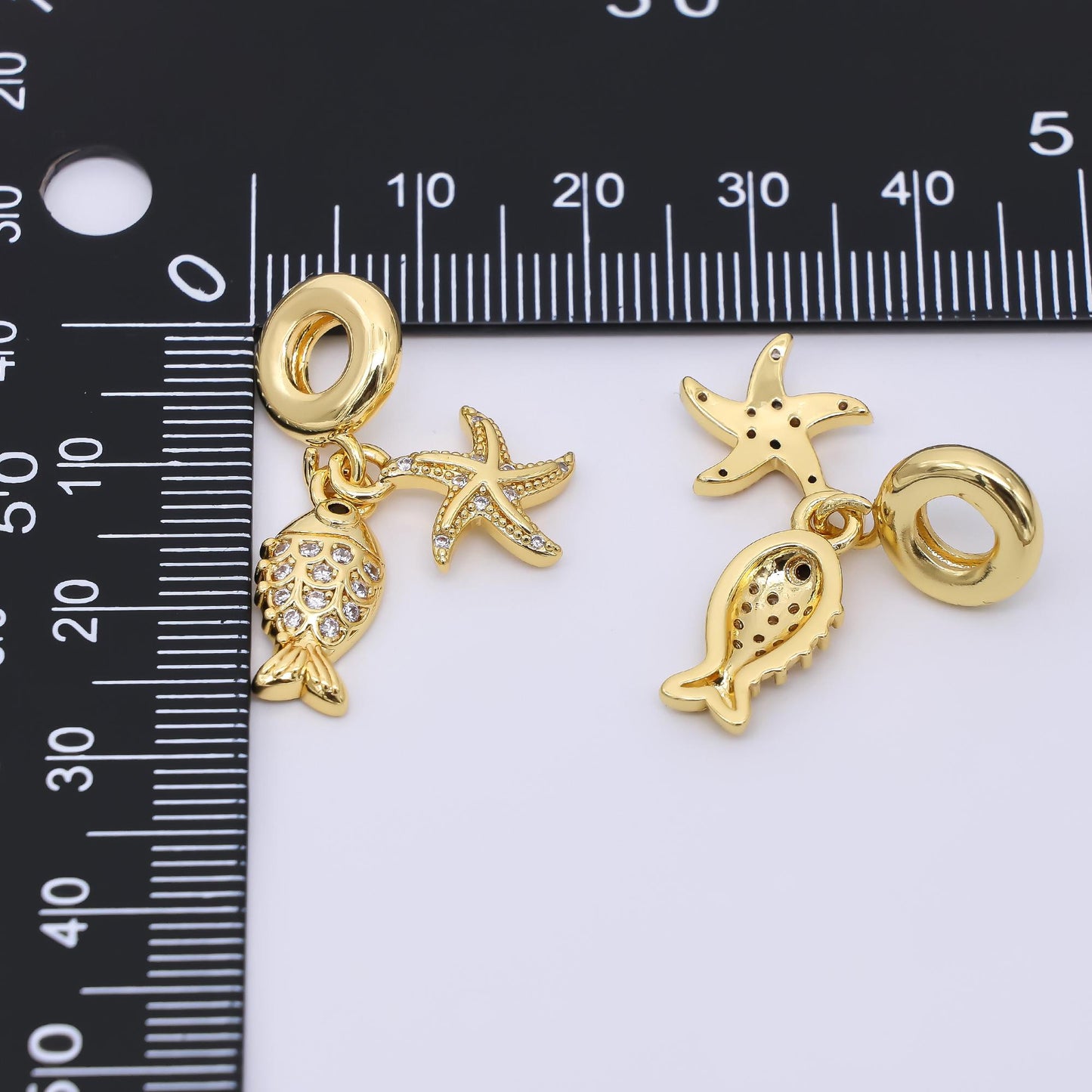 24K Gold Filled Starfish Sardine Fish Micro Paved CZ Rondelle Drop Charm | AC1644
