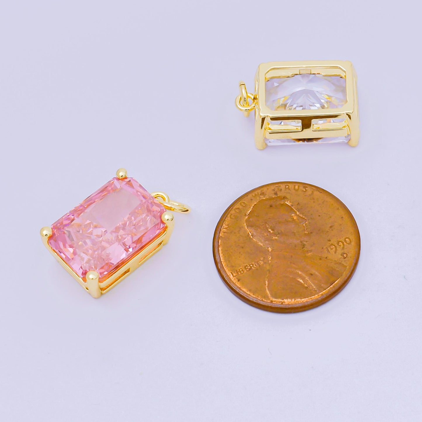 24K Gold Filled 16.5mm Clear, Pink Baguette CZ Minimalist Dainty Charm | D397