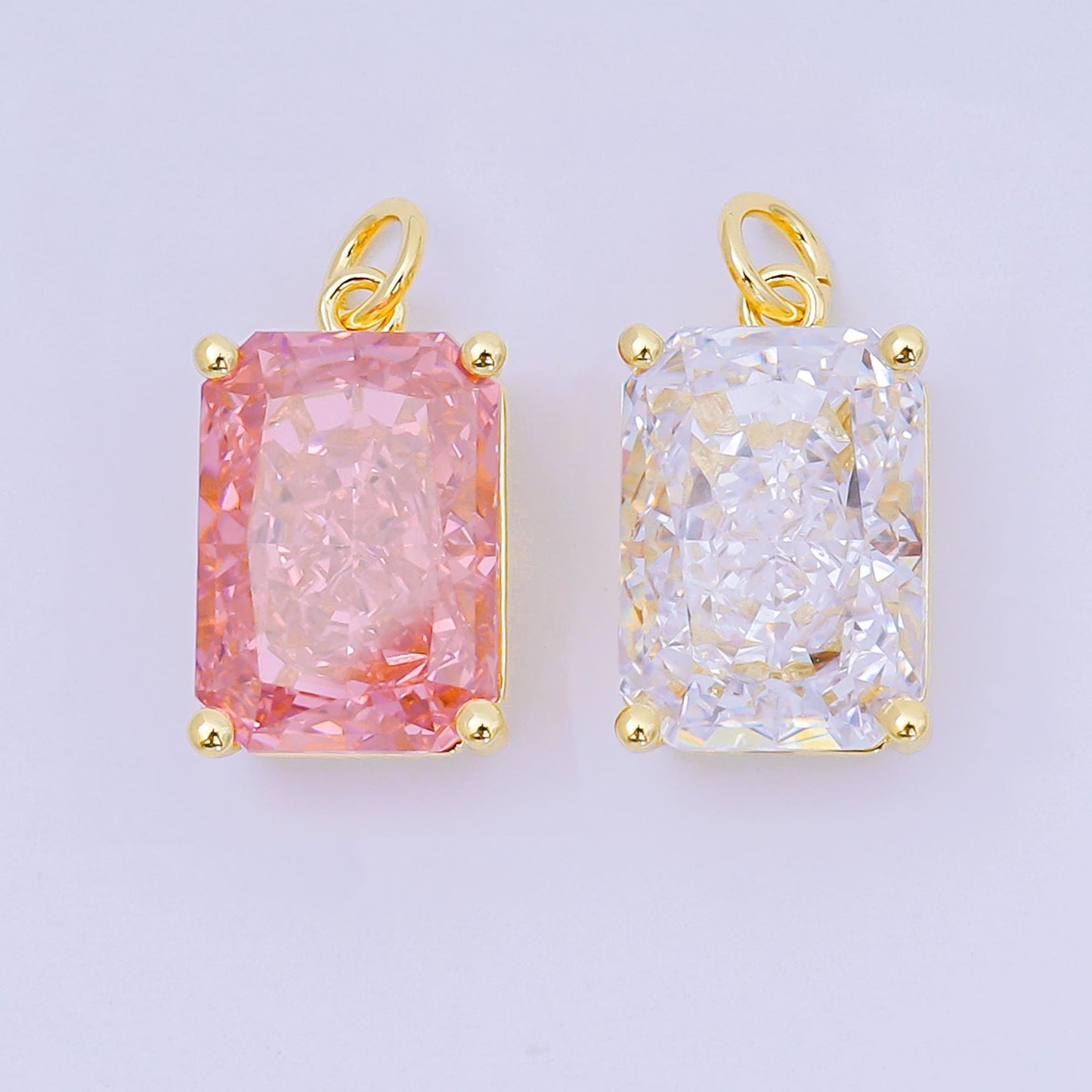 24K Gold Filled 16.5mm Clear, Pink Baguette CZ Minimalist Dainty Charm | D397