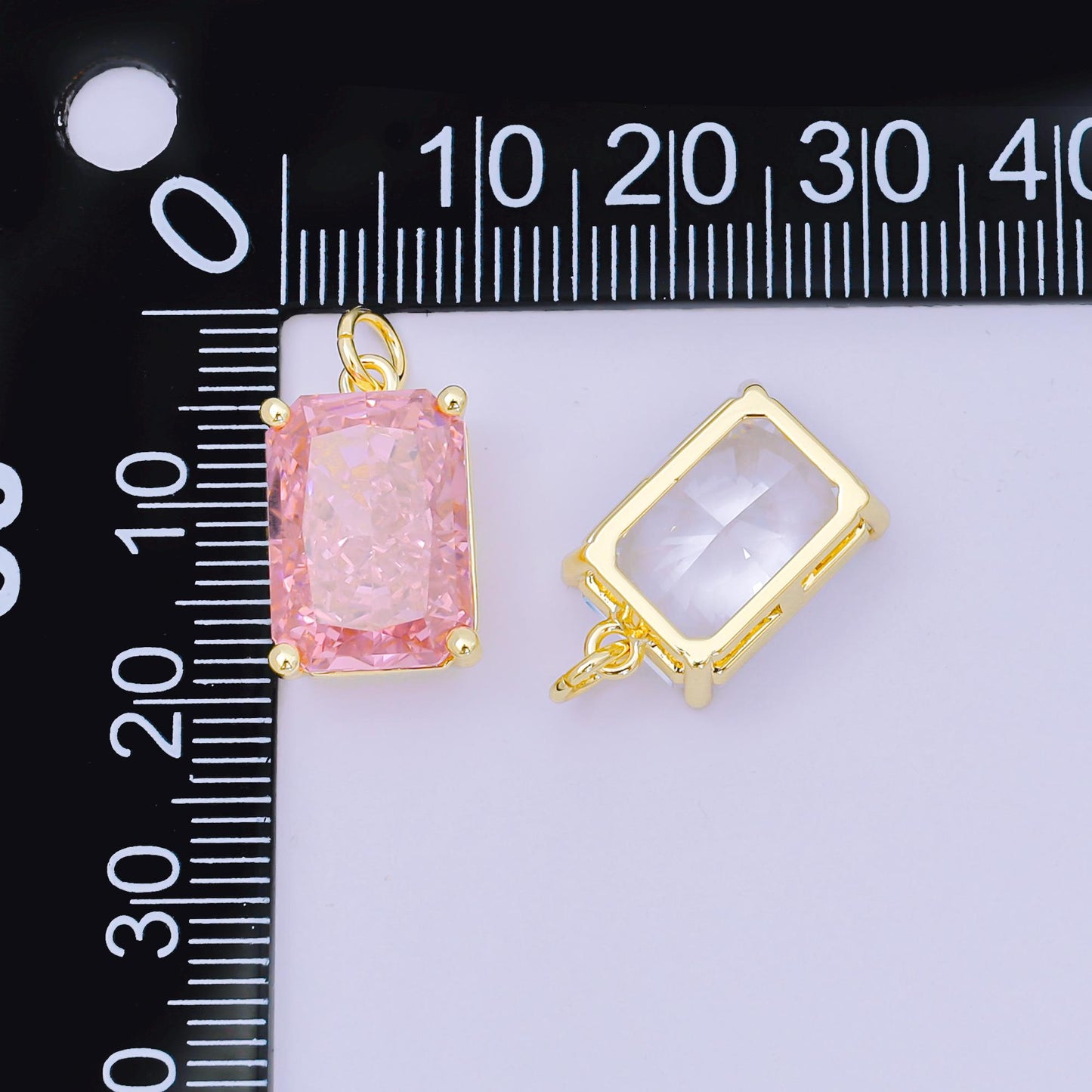 24K Gold Filled 16.5mm Clear, Pink Baguette CZ Minimalist Dainty Charm | D397