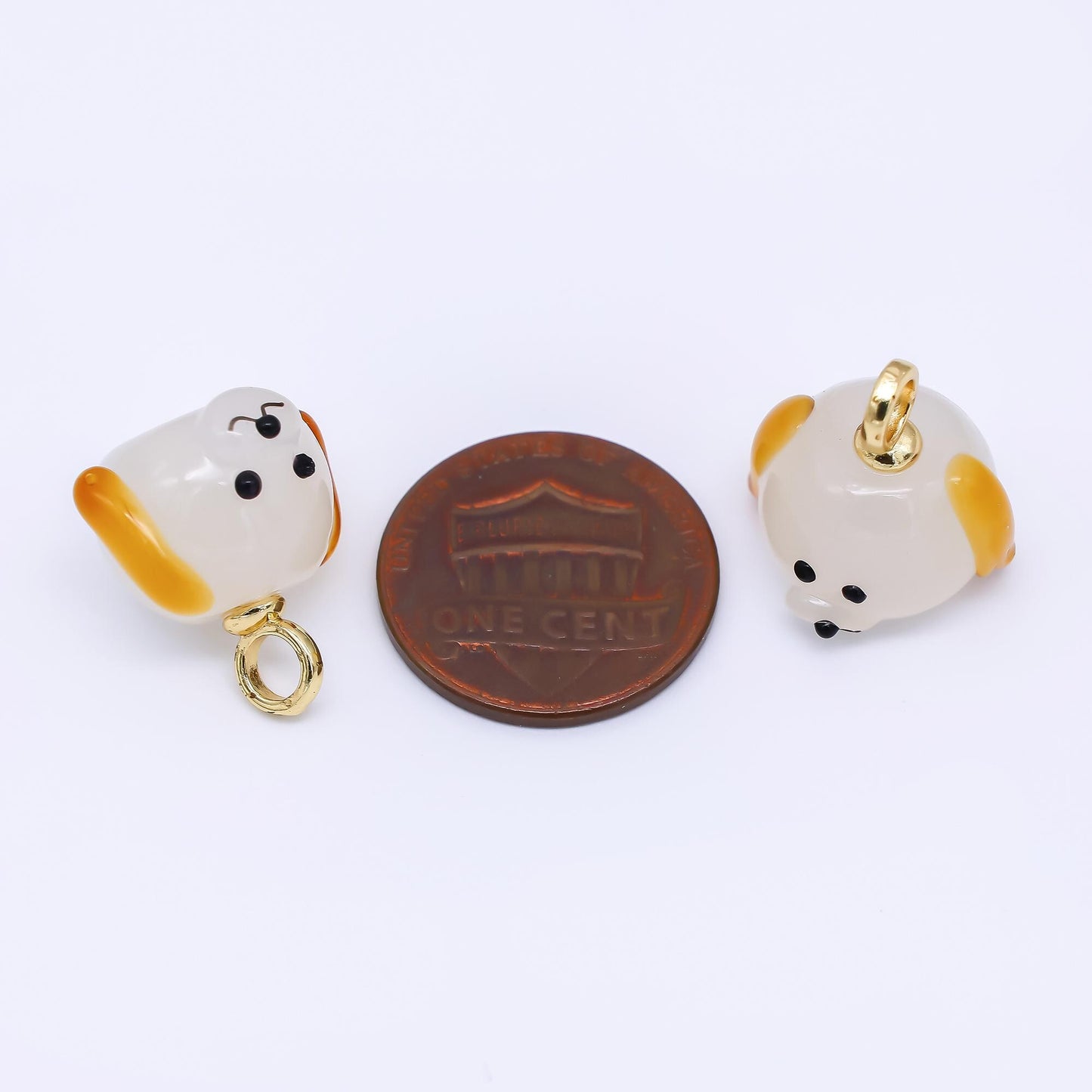 24K Gold Filled 17mm Ceramic Art Puppy Dog with Brown Ears Animal Charm | AJ-301