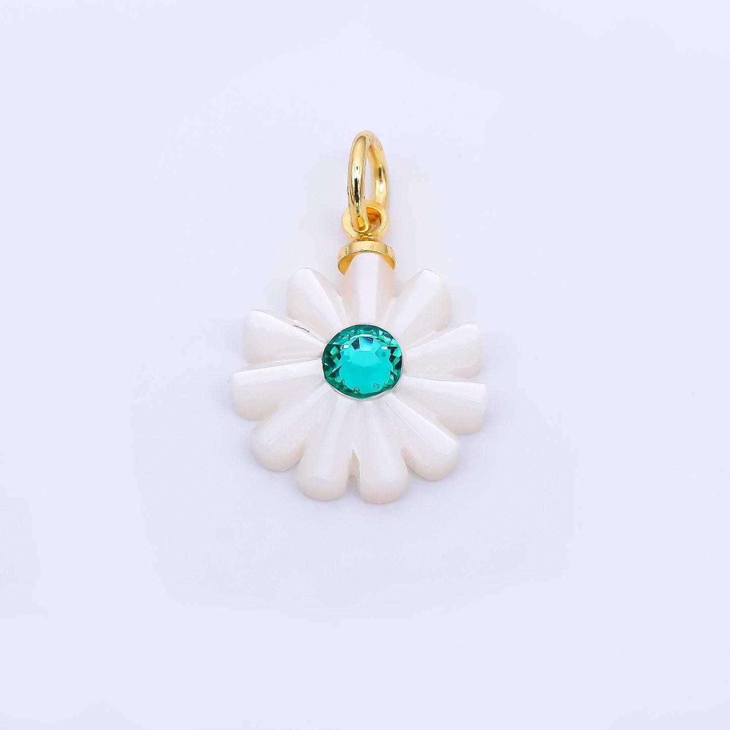 24K Gold Filled 15mm Turquoise Green CZ Sea Shell Pearl Pure White Blooming Flower Charm | P-1809