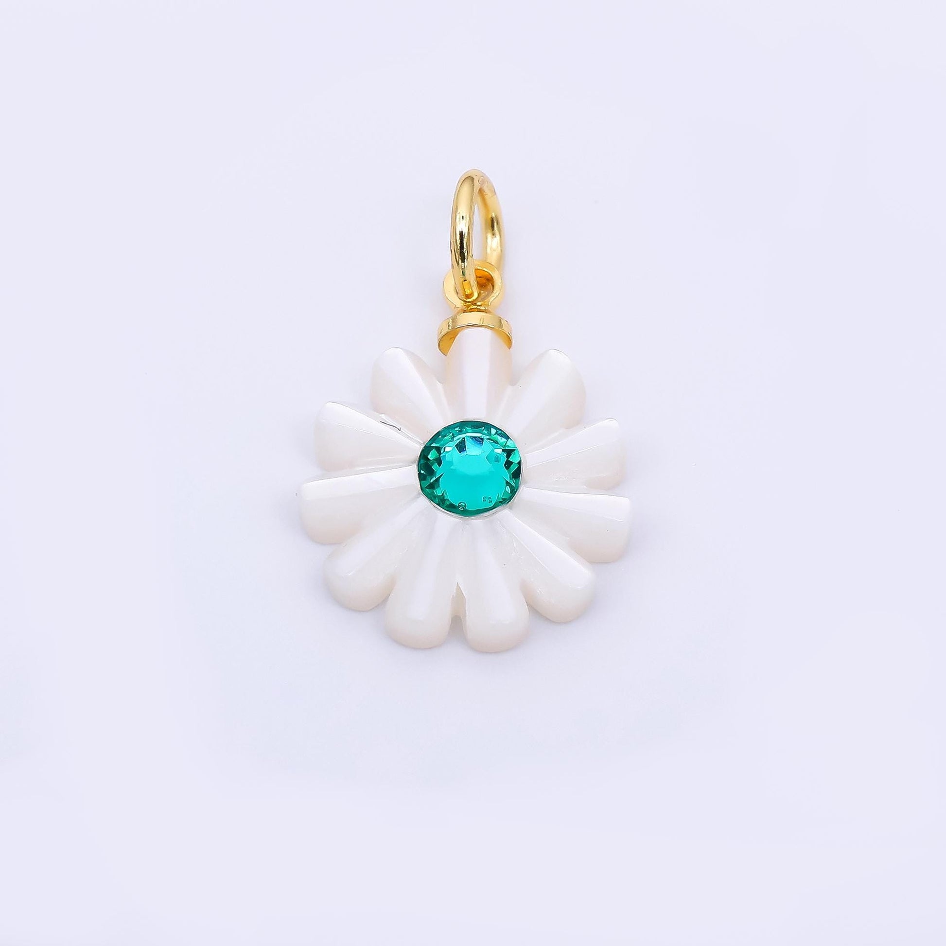 24K Gold Filled 15mm Turquoise Green CZ Sea Shell Pearl Pure White Blooming Flower Charm | P-1809