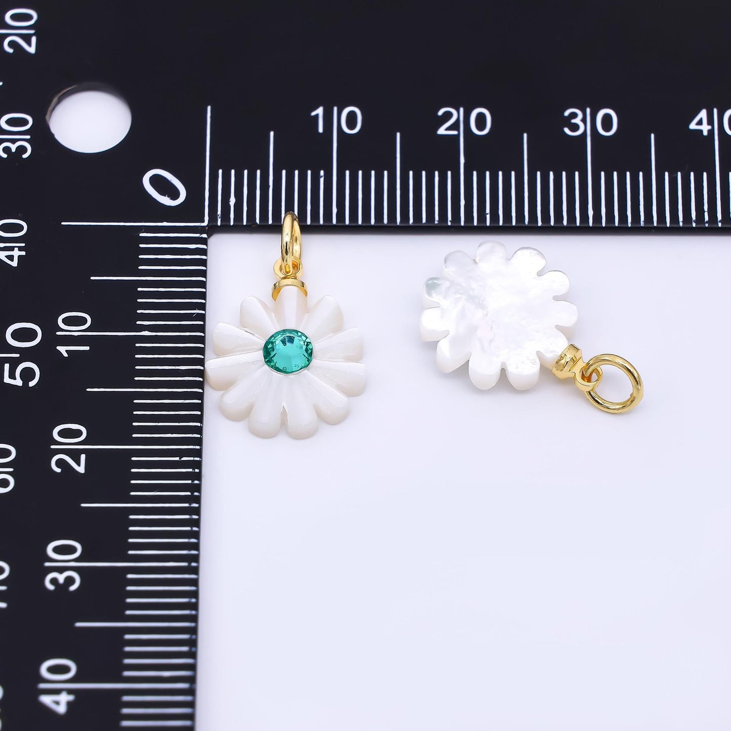 24K Gold Filled 15mm Turquoise Green CZ Sea Shell Pearl Pure White Blooming Flower Charm | P-1809