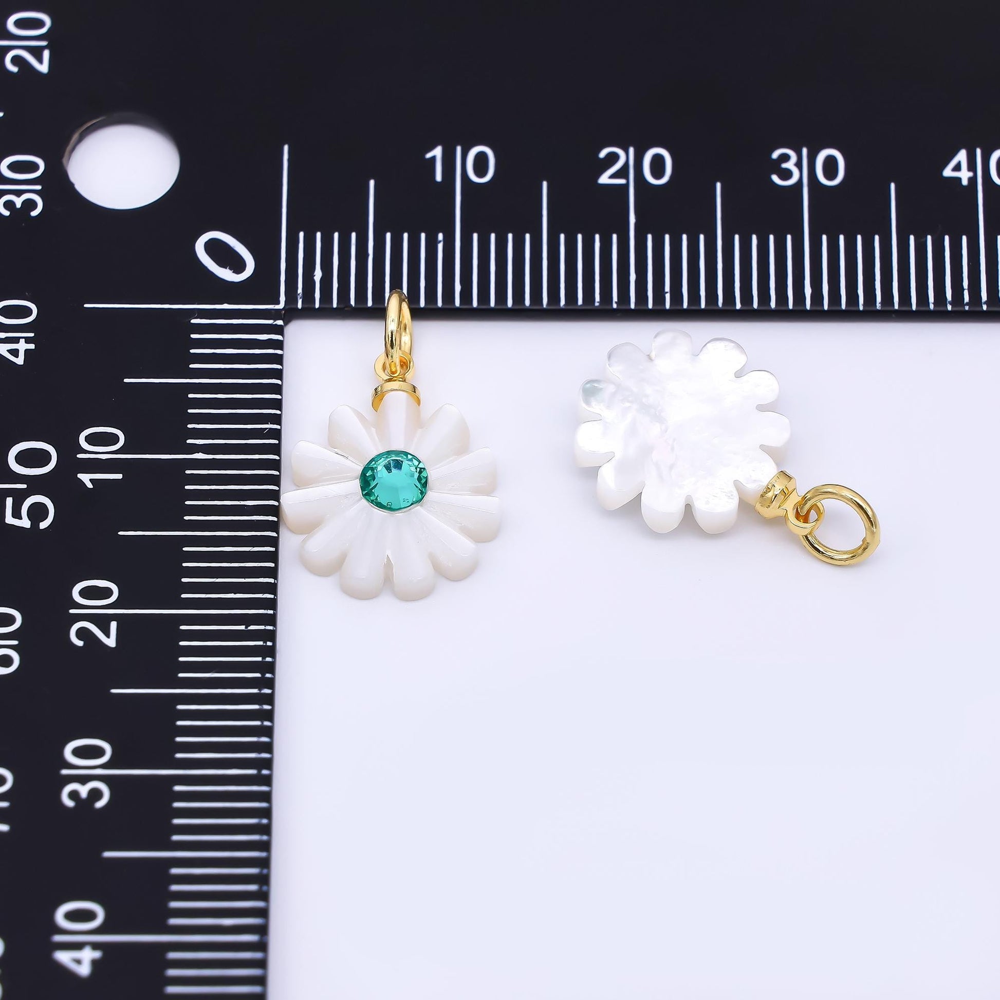 24K Gold Filled 15mm Turquoise Green CZ Sea Shell Pearl Pure White Blooming Flower Charm | P-1809
