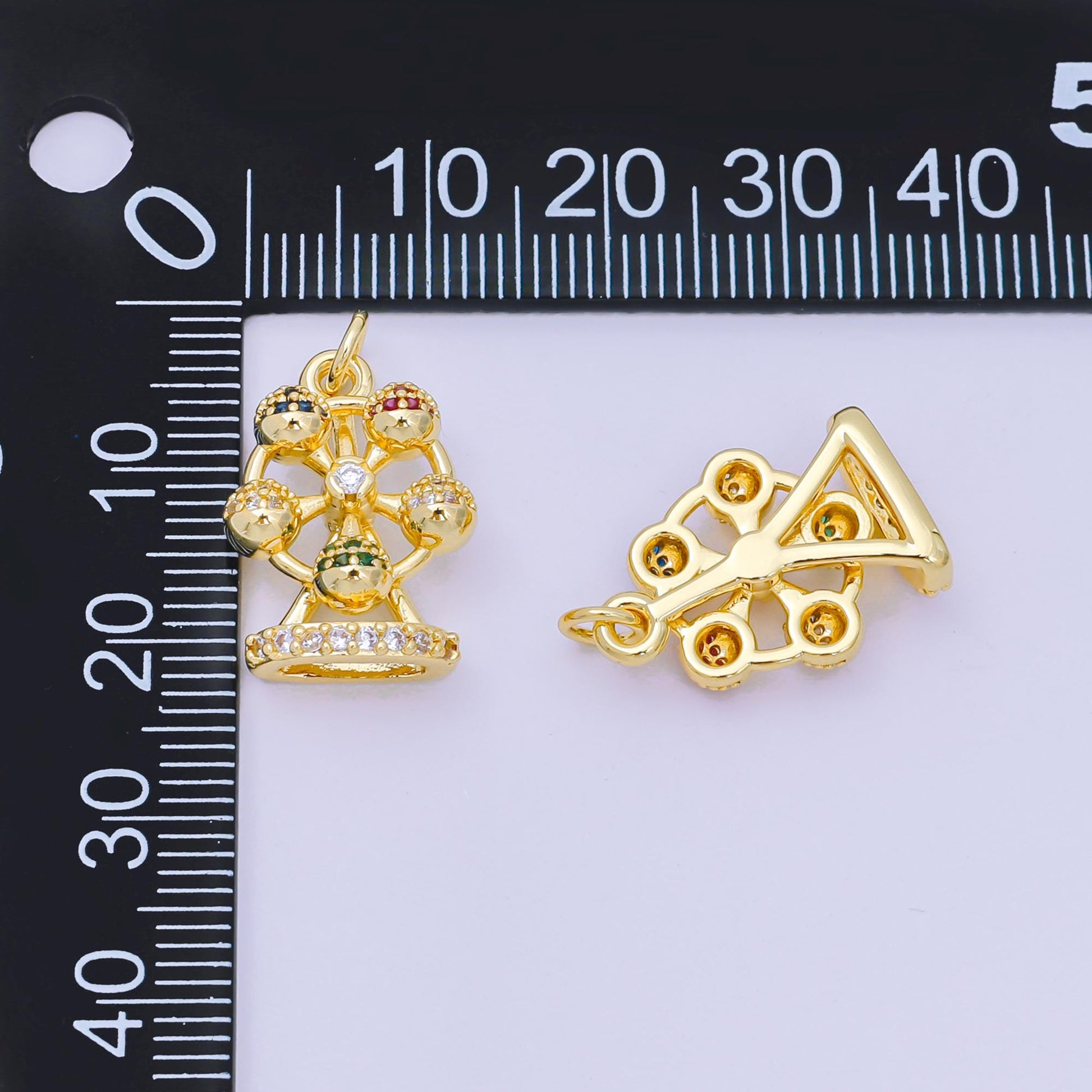 24K Gold Filled 19mm Emerald Green, Blue & Purple Micro Paved CZ Ferris Wheel Carnival Park Charm | D-253