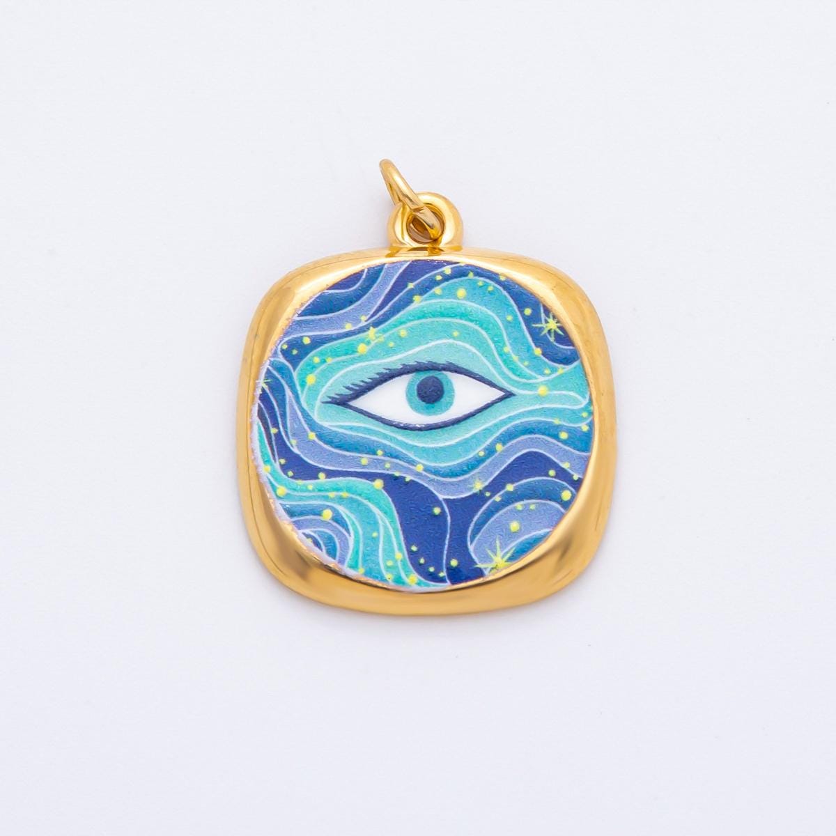 Embossed Design Enamel Painting Evil Eye Square Pendant Charm PVD Gold Plated Frame Amulet Jewelry Bohemian Inspired J-664