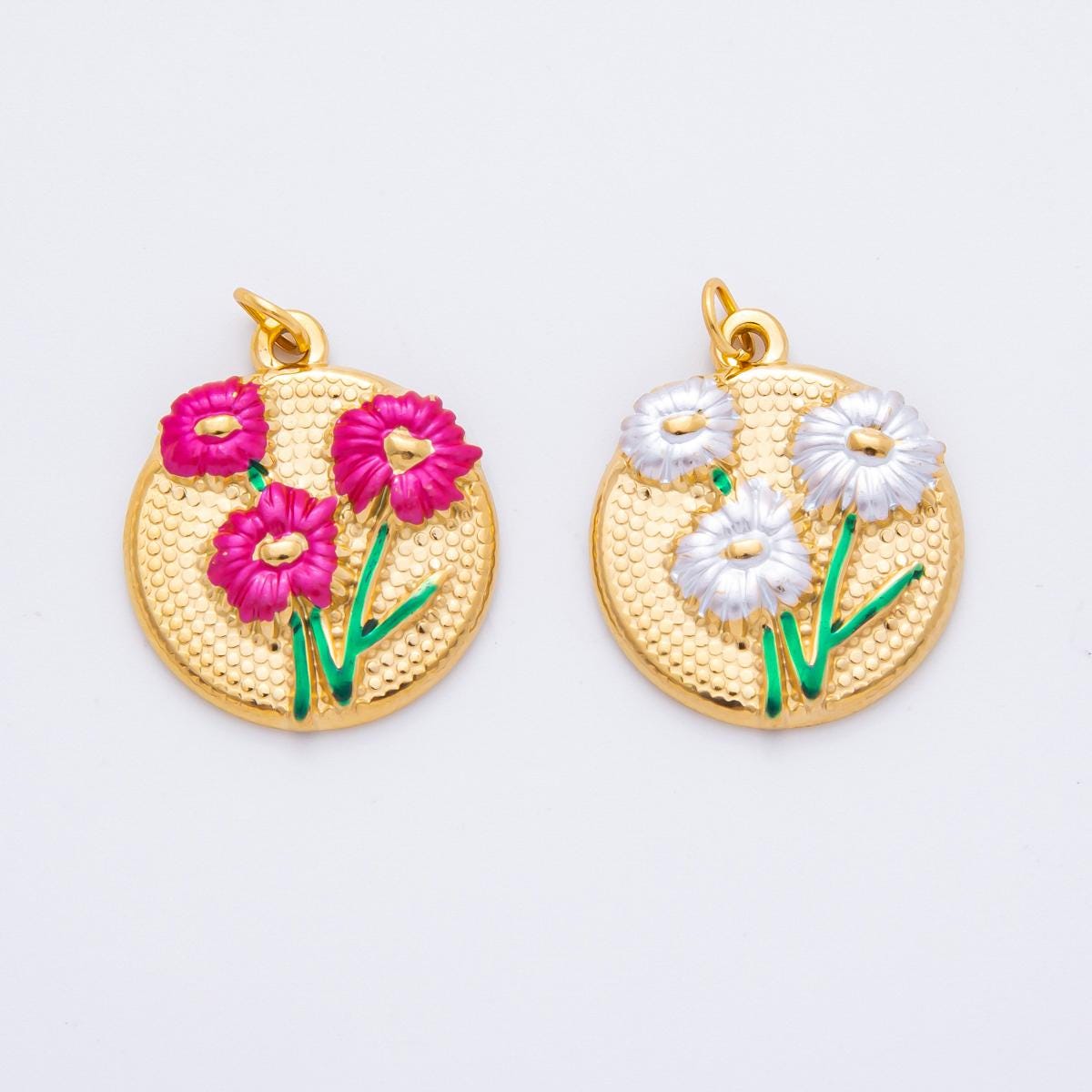 Embossed Flower Enamel Coin Pendant Charm PVD Gold Plated Red White Floral Jewelry Vintage Inspired J-683