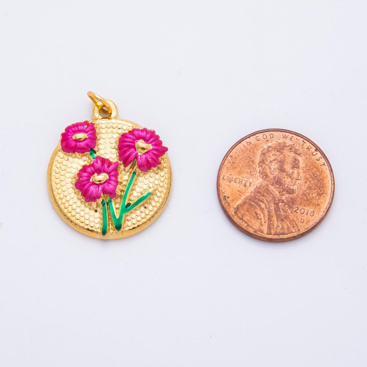 Embossed Flower Enamel Coin Pendant Charm PVD Gold Plated Red White Floral Jewelry Vintage Inspired J-683