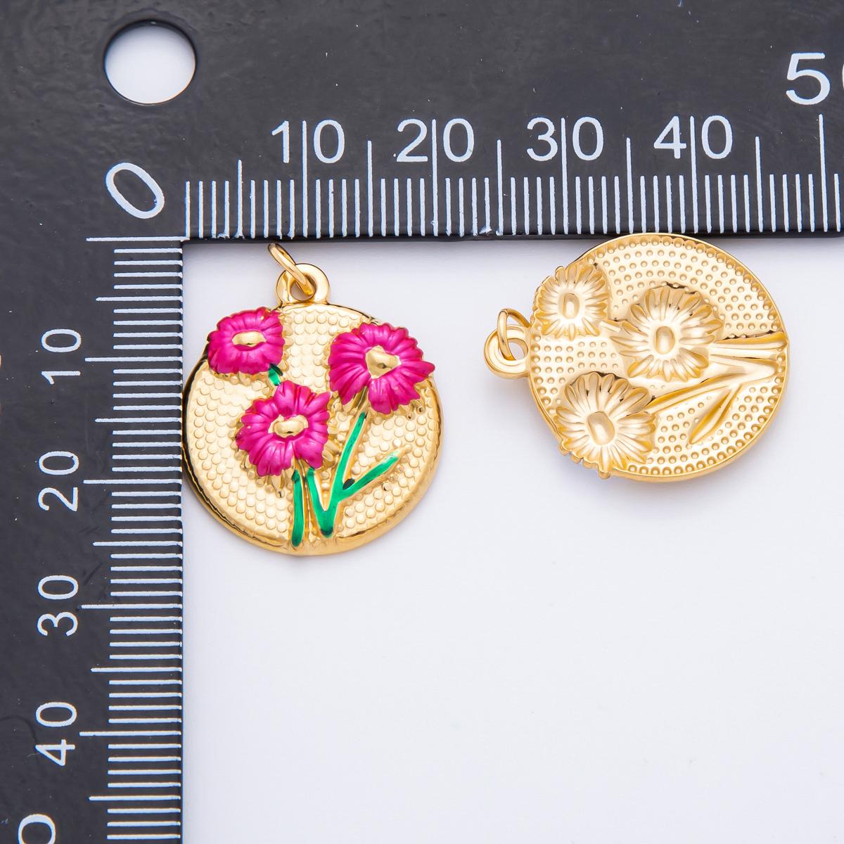Embossed Flower Enamel Coin Pendant Charm PVD Gold Plated Red White Floral Jewelry Vintage Inspired J-683