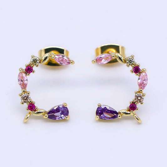 24K Gold Filled 14mm Mixed-Cut CZ C-Shaped Floral Half-Earrings Open Loop Earring Findings | K-003