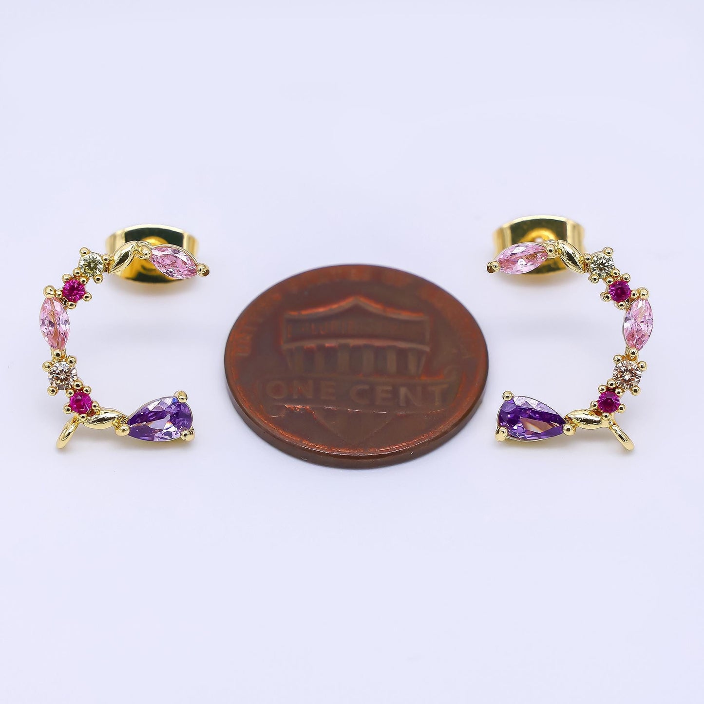 24K Gold Filled 14mm Mixed-Cut CZ C-Shaped Floral Half-Earrings Open Loop Earring Findings | K-003