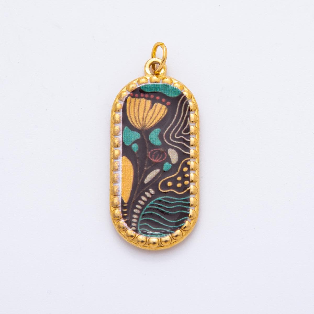 Embossed Design Enamel Painting Artsy Long Oval Pendant Charm PVD Gold Plated Frame Flower Jewelry Bohemian Inspired J-723