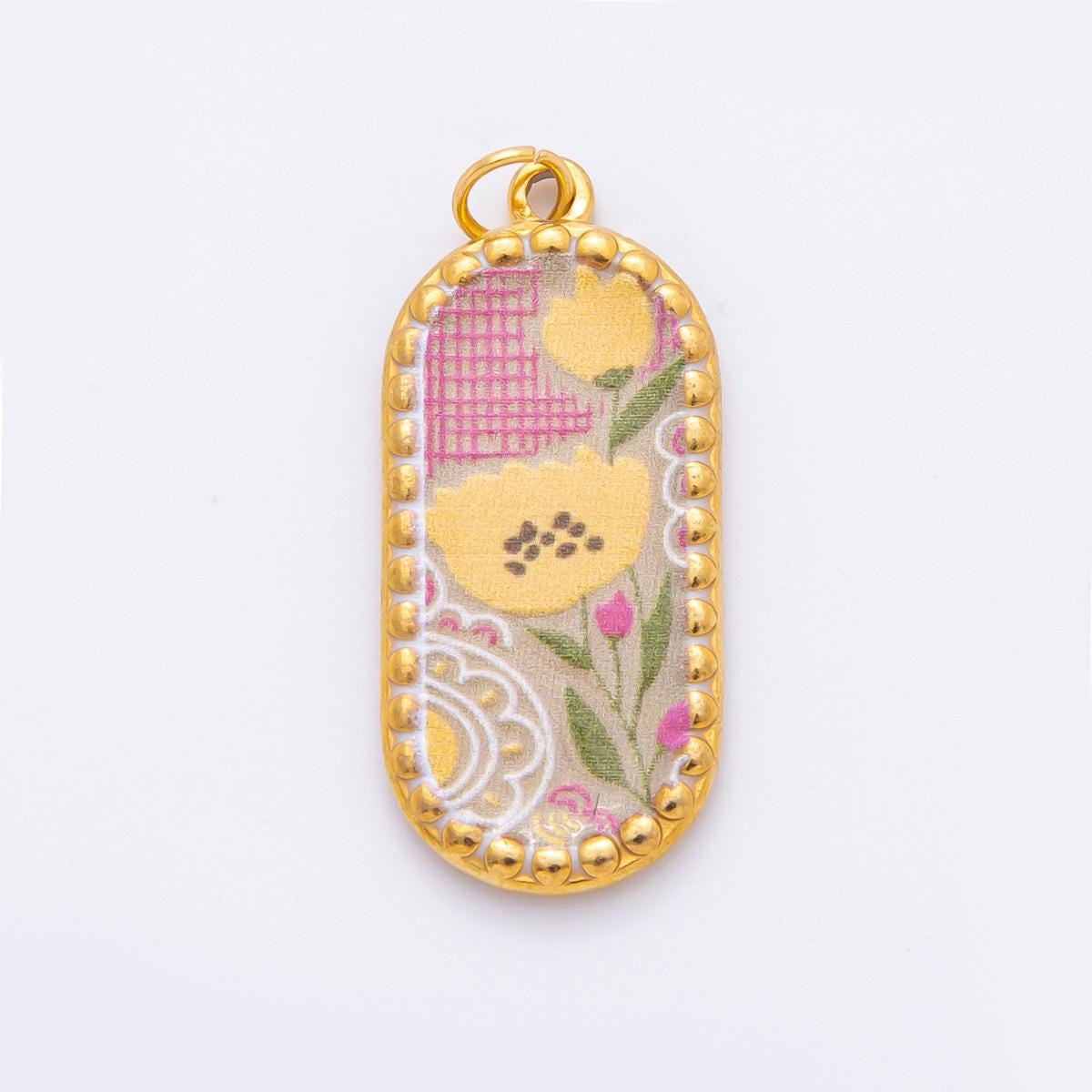 Embossed Design Enamel Painting Artsy Long Oval Pendant Charm PVD Gold Plated Frame Flower Jewelry Bohemian Inspired J-723