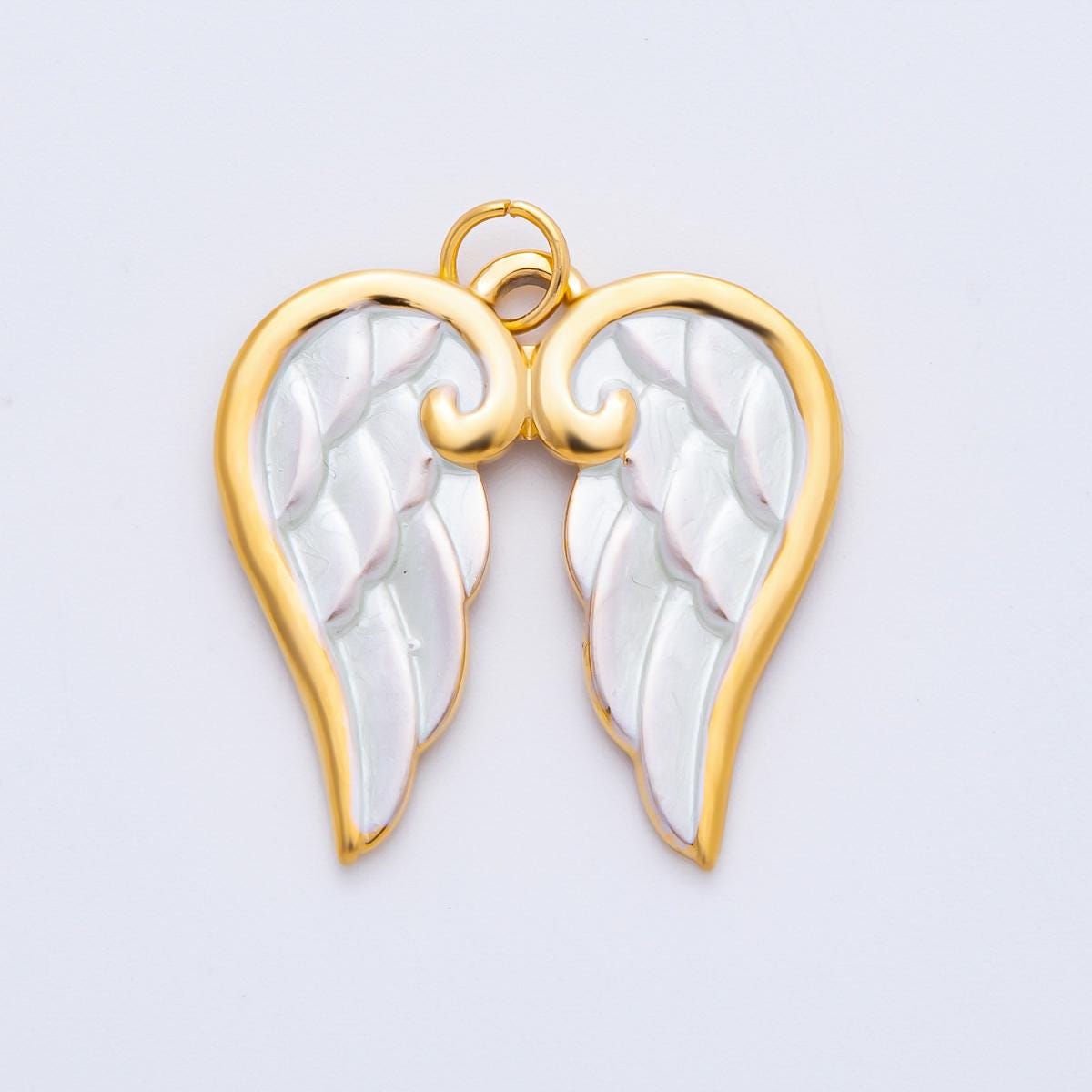 PVD Gold Stainless Steel Angel Wing Charm - 26mm x 23mm Detailed White Shell Pearl Wing Pendant j-778