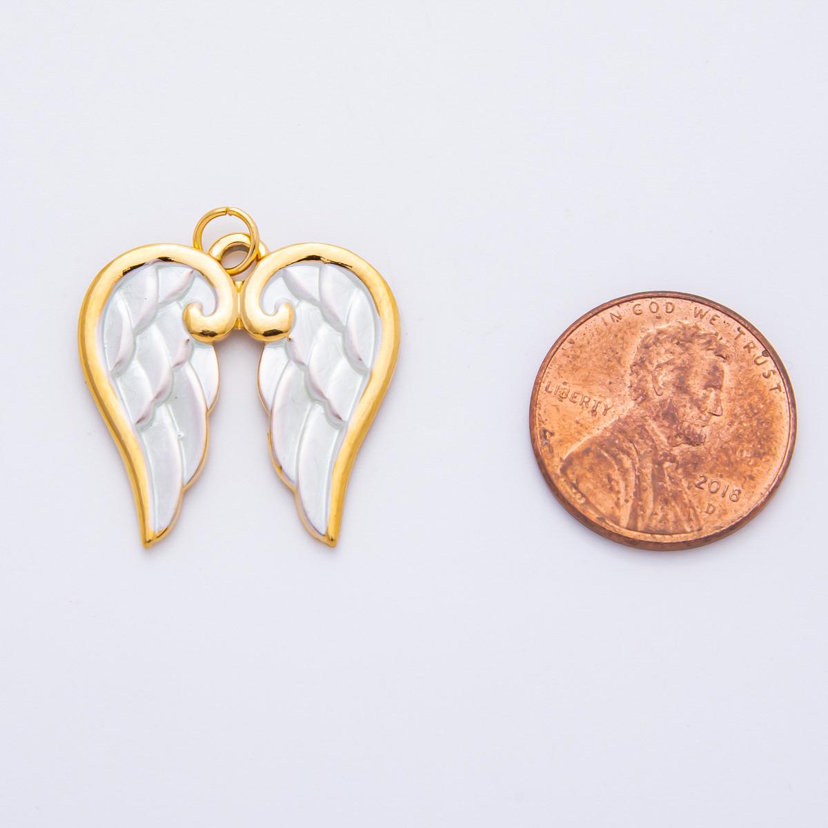 PVD Gold Stainless Steel Angel Wing Charm - 26mm x 23mm Detailed White Shell Pearl Wing Pendant j-778