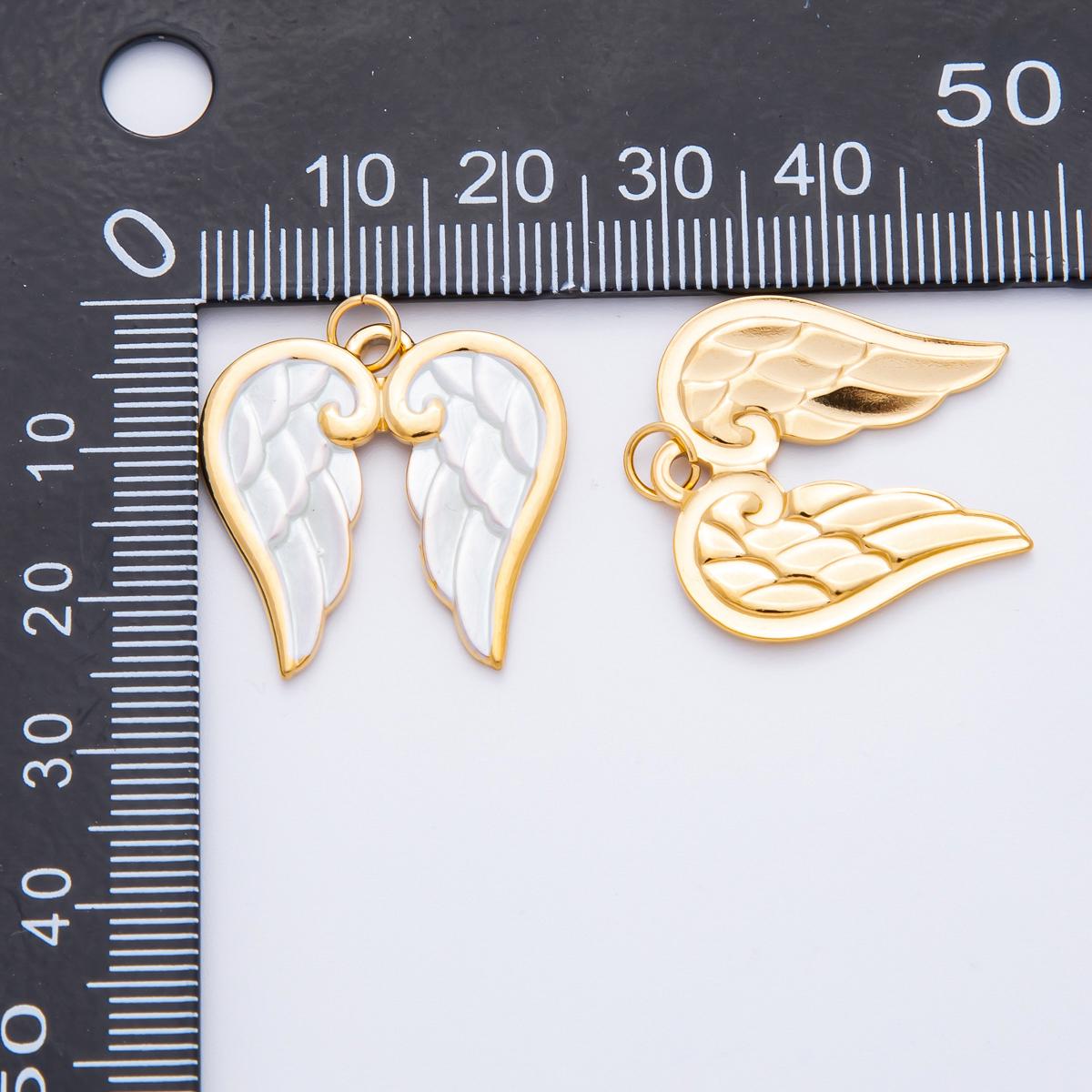 PVD Gold Stainless Steel Angel Wing Charm - 26mm x 23mm Detailed White Shell Pearl Wing Pendant j-778