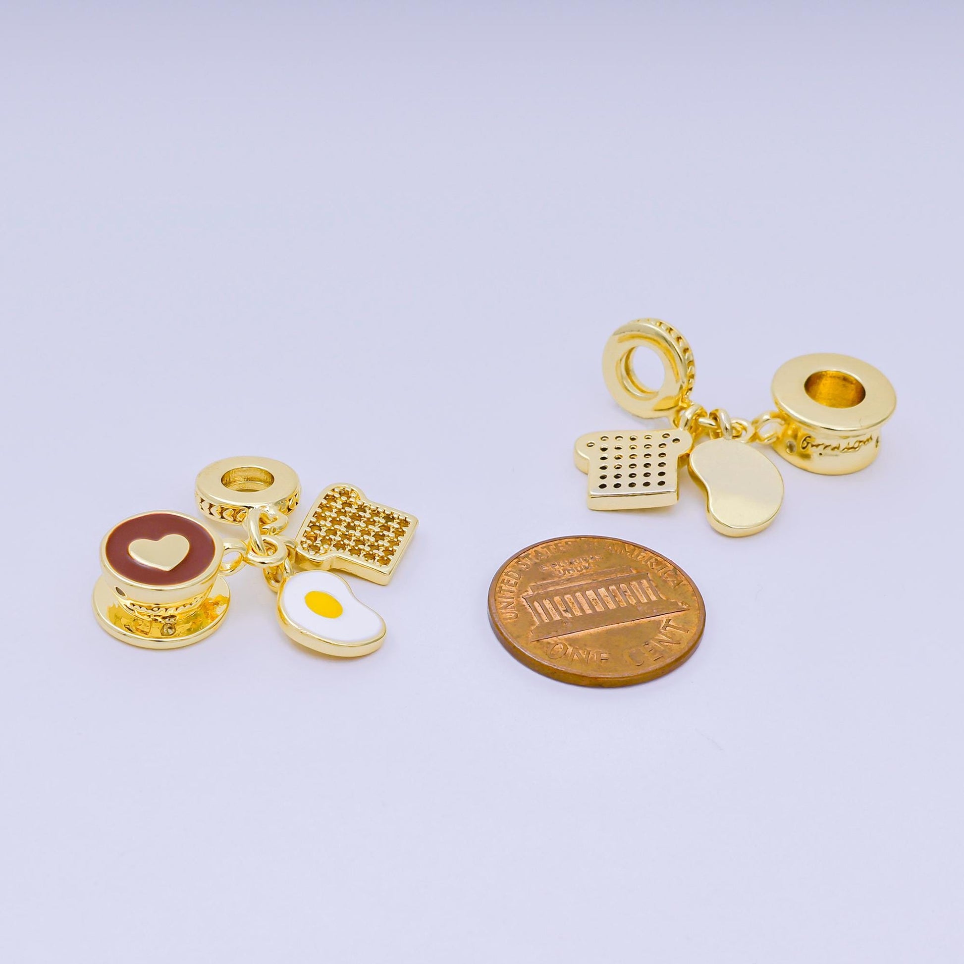 24K Gold Filled 17mm Micro Paved CZ Enamel Art Breakfast Set Charm in Coffee, Egg, & Bread | AH-595