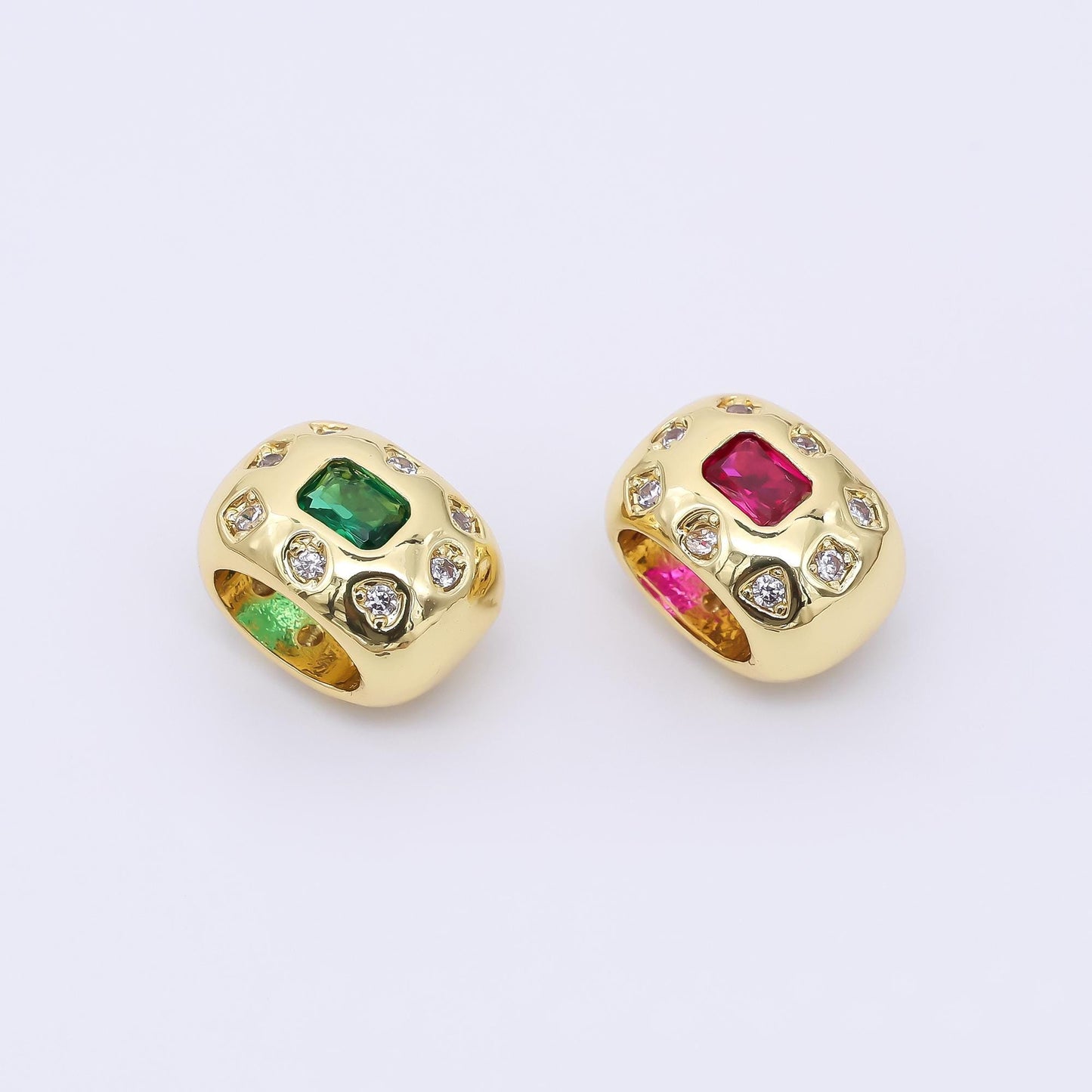 24K Gold Filled 11mm Fuchsia, Green Baguette CZ Dotted Rondelle Spacer Bead | B916