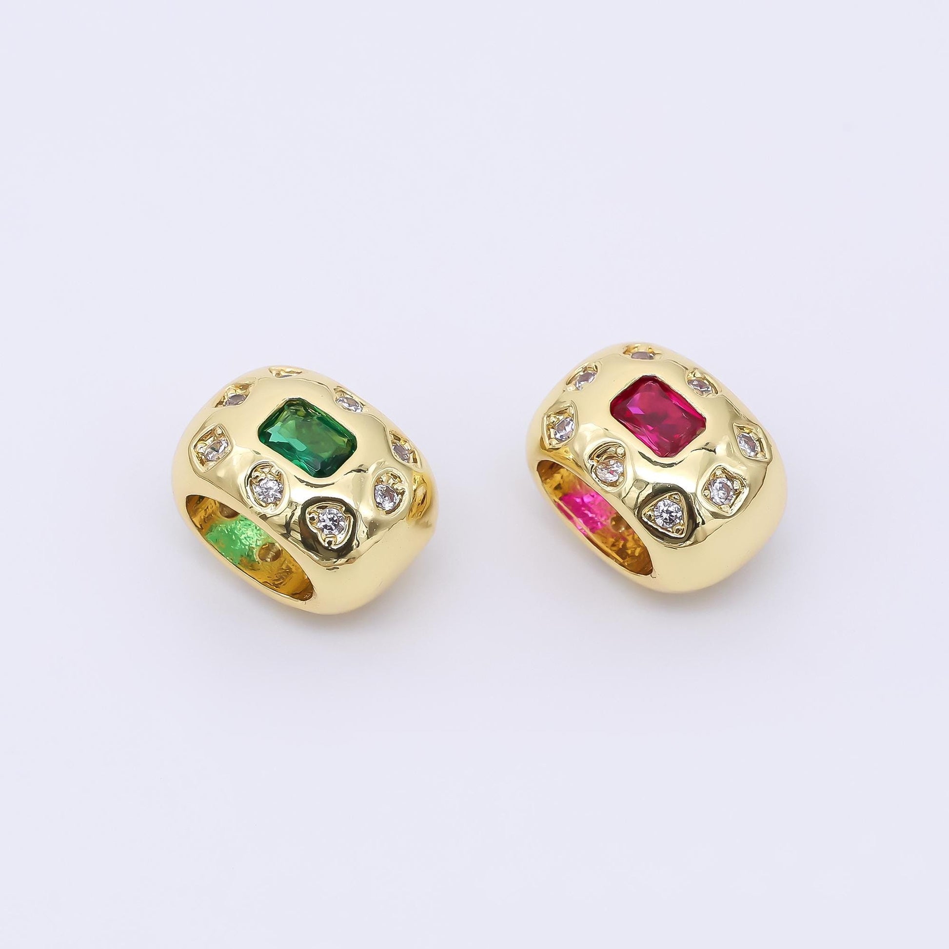 24K Gold Filled 11mm Fuchsia, Green Baguette CZ Dotted Rondelle Spacer Bead | B916