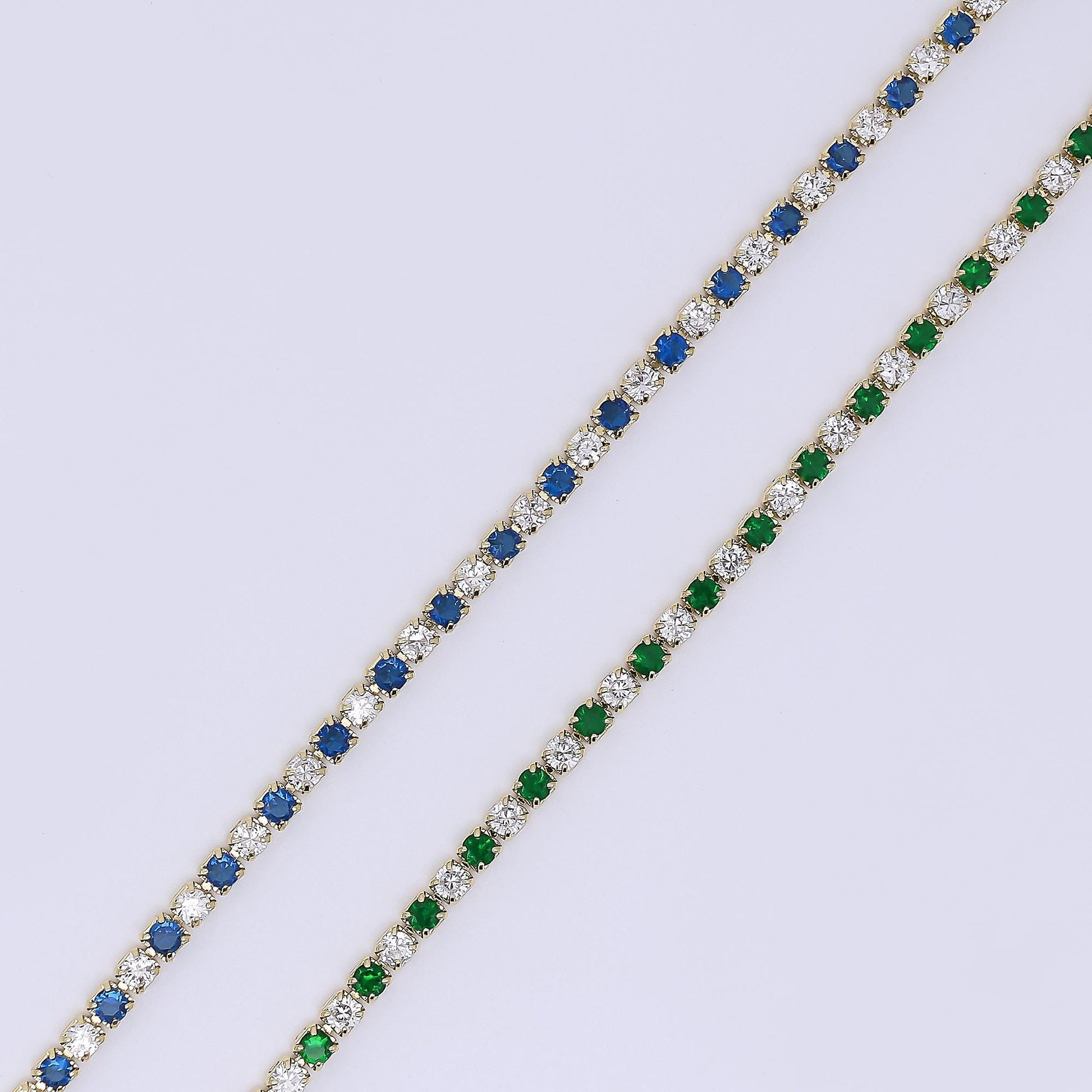 24K Gold Filled 2.2mm Green, Blue Round CZ Alternating Two Colors Tennis Chain 16 Inch Necklace with Extender | WA-3810 - WA-3811