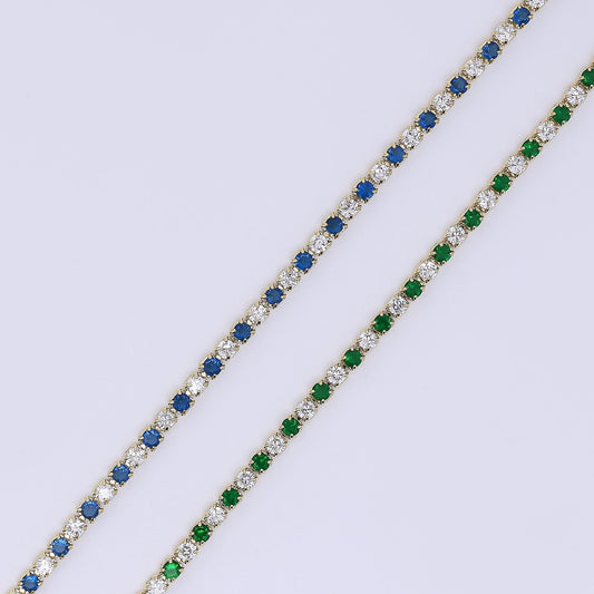 24K Gold Filled 2.2mm Green, Blue Round CZ Alternating Two Colors Tennis Chain 16 Inch Necklace with Extender | WA-3810 - WA-3811
