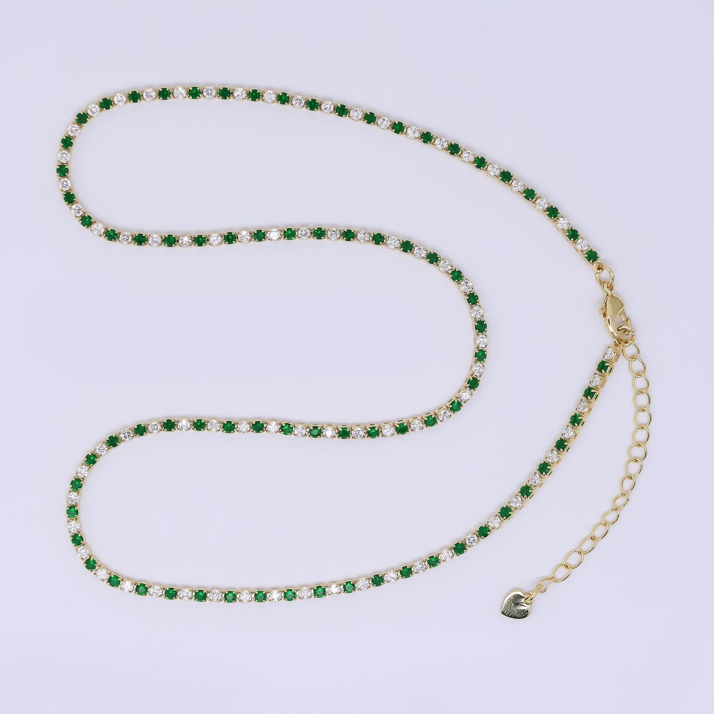 24K Gold Filled 2.2mm Green, Blue Round CZ Alternating Two Colors Tennis Chain 16 Inch Necklace with Extender | WA-3810 - WA-3811
