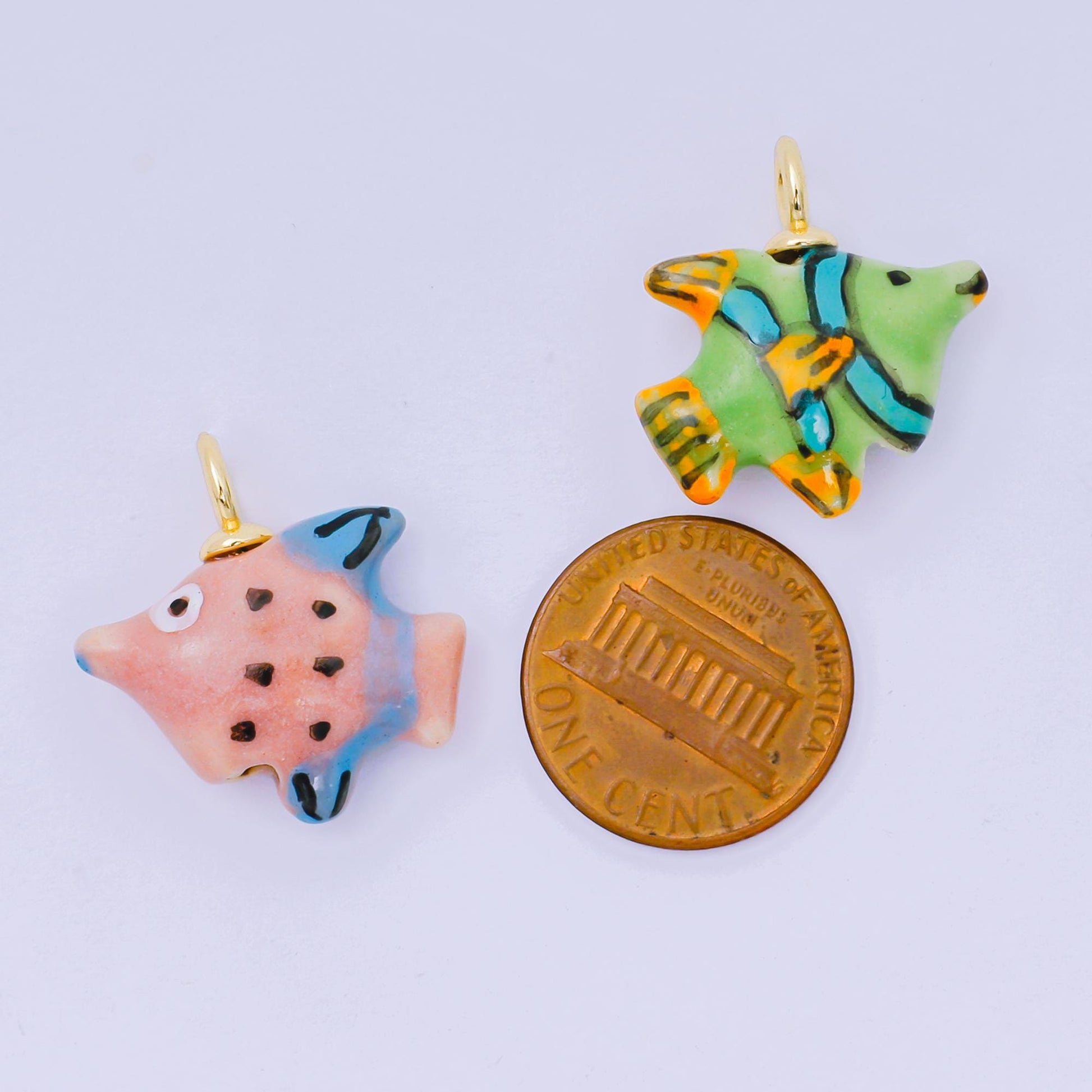 24K Gold Filled 19mm Ceramic Under the Sea Fish Animal Charm in Pink Green | AF-1506