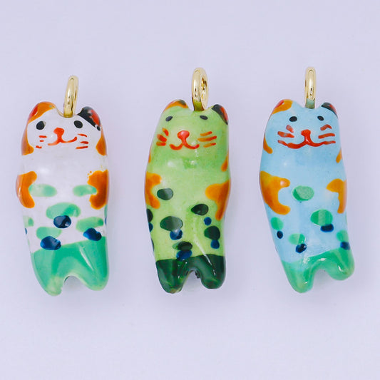 24K Gold Filled 31mm Ceramic Cat Charm Kitty Animal Pendant in White Green Blue | AF-1509