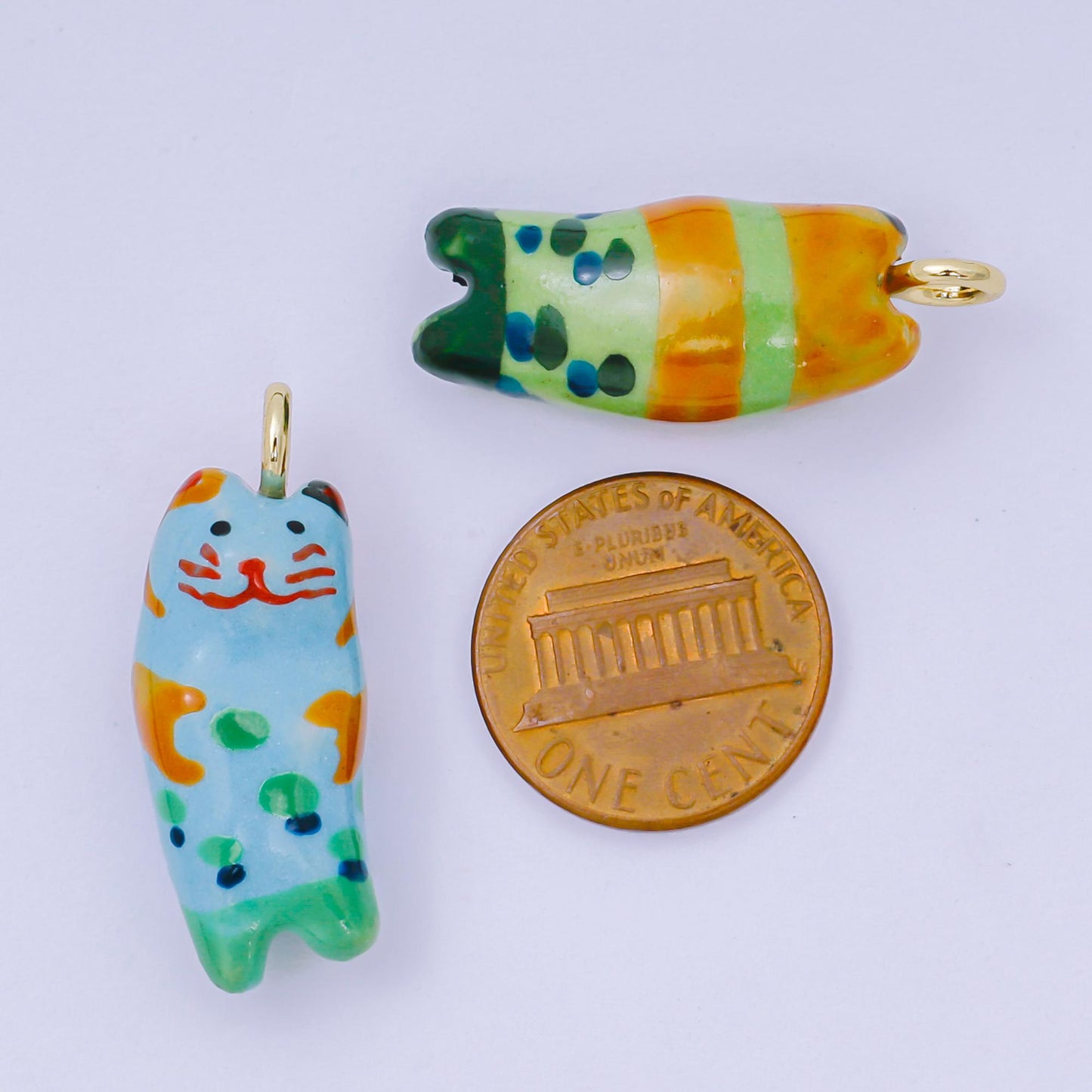 24K Gold Filled 31mm Ceramic Cat Charm Kitty Animal Pendant in White Green Blue | AF-1509