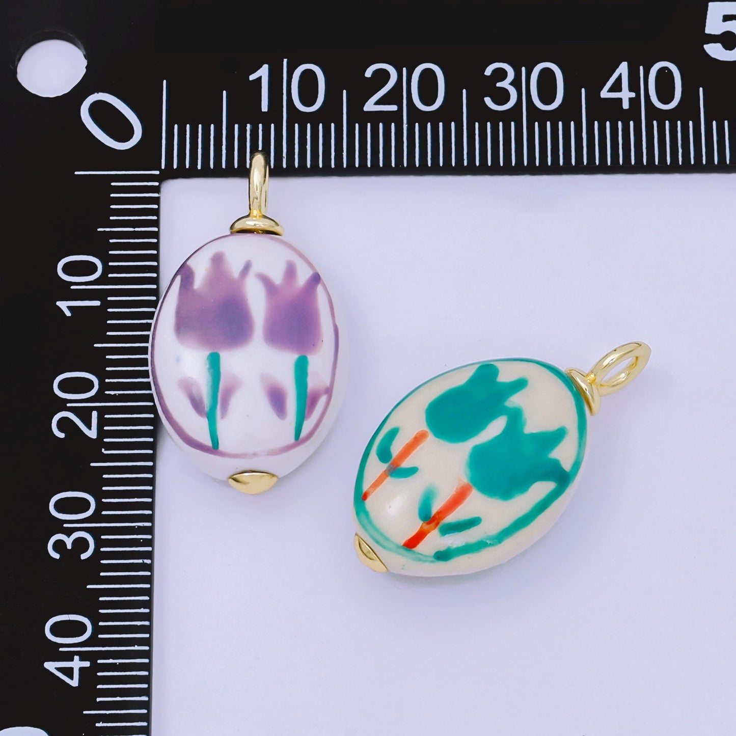 Dainty oval ceramic charm handmade Purple rose painting ceramic porcelain vintage charm for necklace bracelet jewelry making supply AF1514
