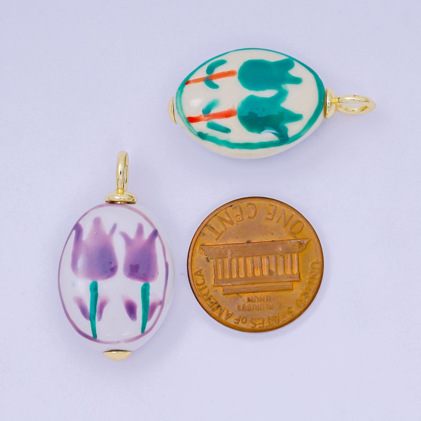 Dainty oval ceramic charm handmade Purple rose painting ceramic porcelain vintage charm for necklace bracelet jewelry making supply AF1514