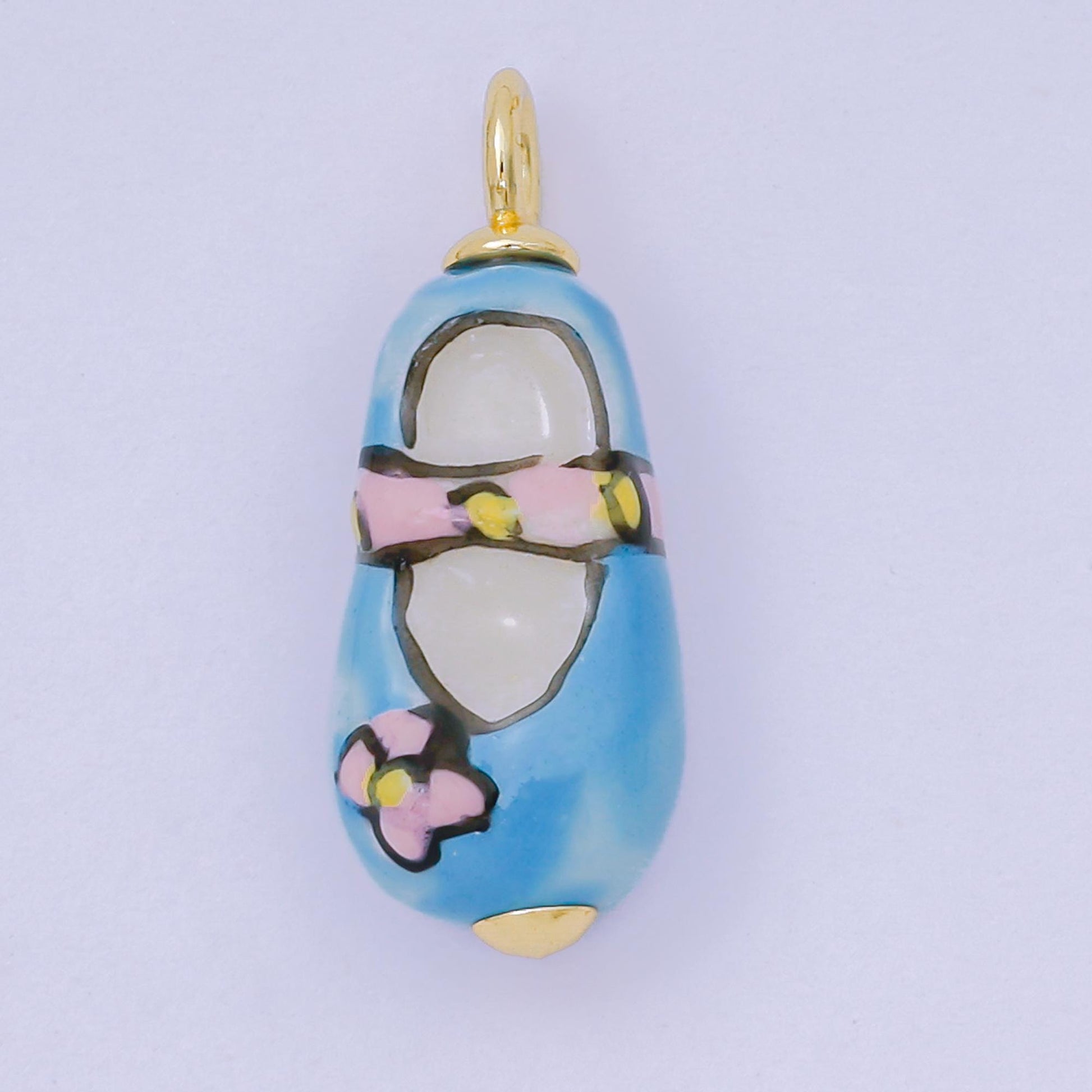 24K Gold Filled Blue Flower Charm Pink Flower Ceramic Drop Pendant | AF-1517