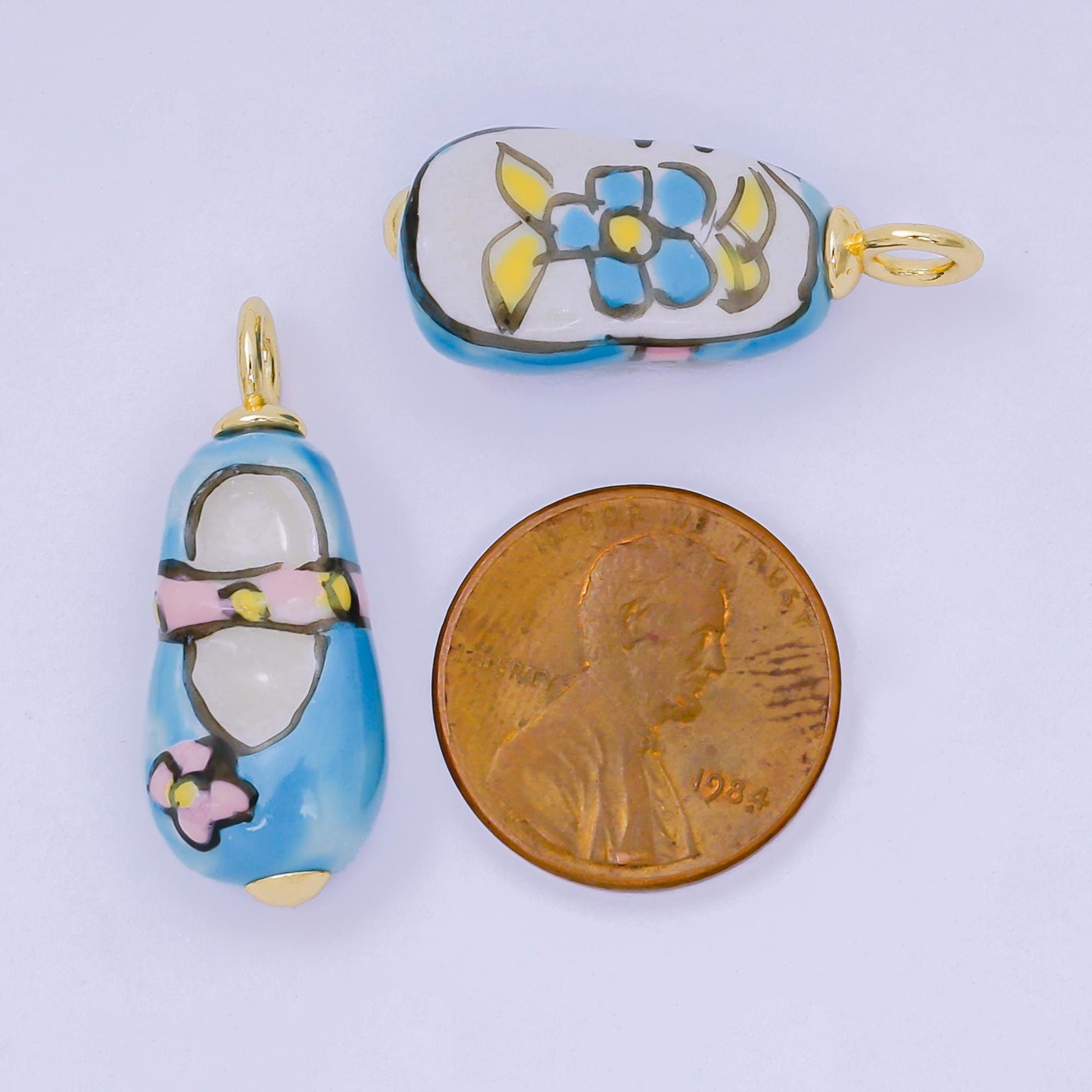 24K Gold Filled Blue Flower Charm Pink Flower Ceramic Drop Pendant | AF-1517
