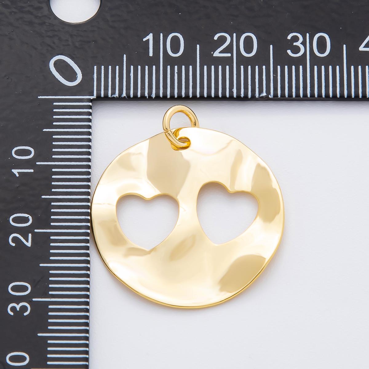 Big Hammered Rustic 18K Gold Filled Geometric Molten Round Open Twin Heart Charm for Cord Necklace | N-1417