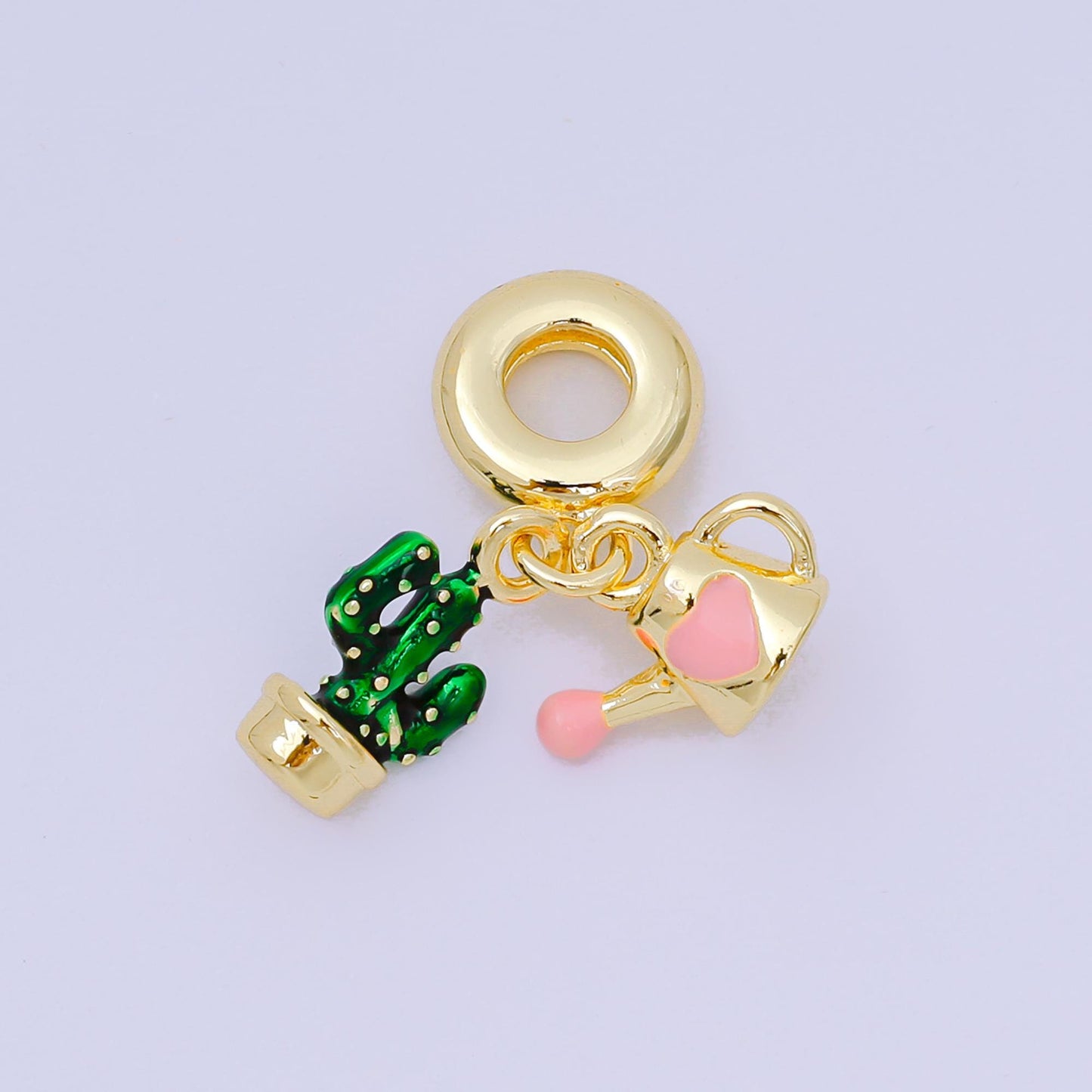24K Gold Filled 14mm Enamel Art Water the Cactus Set Charm in Cactus Plant & Water Can | AH-599