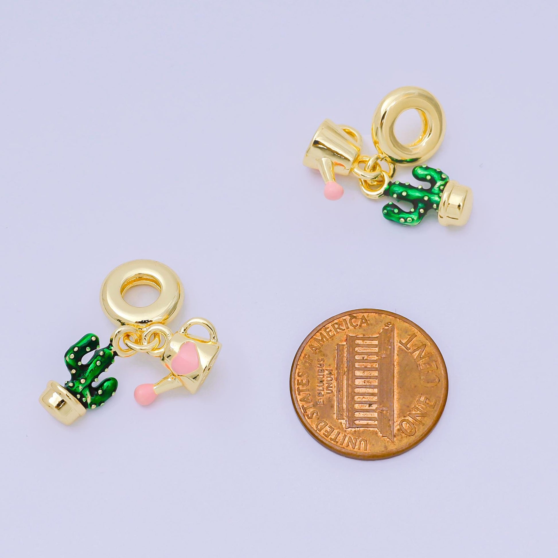 24K Gold Filled 14mm Enamel Art Water the Cactus Set Charm in Cactus Plant & Water Can | AH-599