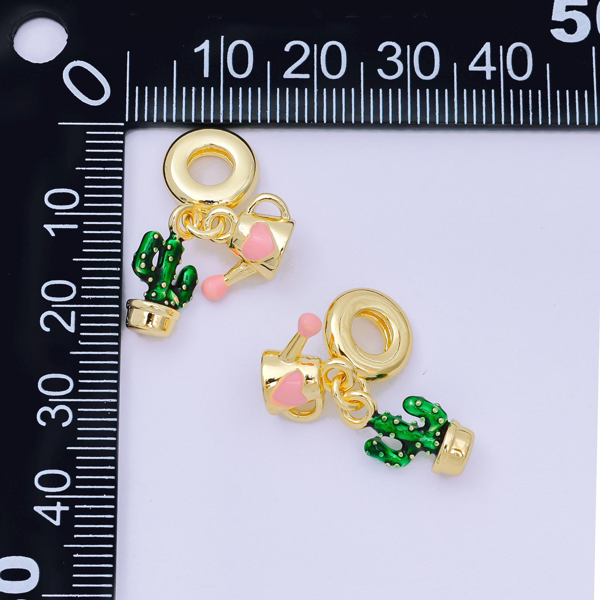 24K Gold Filled 14mm Enamel Art Water the Cactus Set Charm in Cactus Plant & Water Can | AH-599