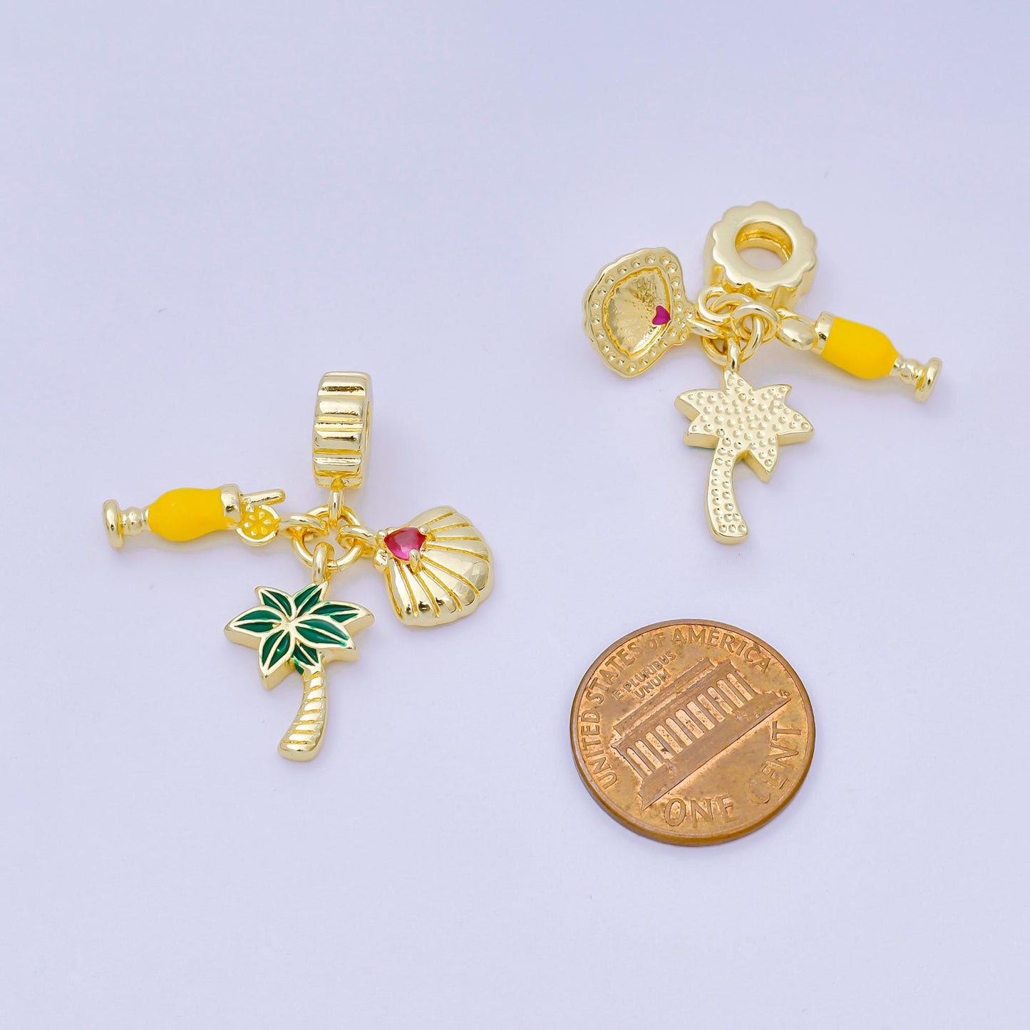 24K Gold Filled 17.5mm Pink CZ Enamel Art Vacation on Hawaii Set Charm in Orange Juice, Palm Tree, & Clam Shell | AH-598