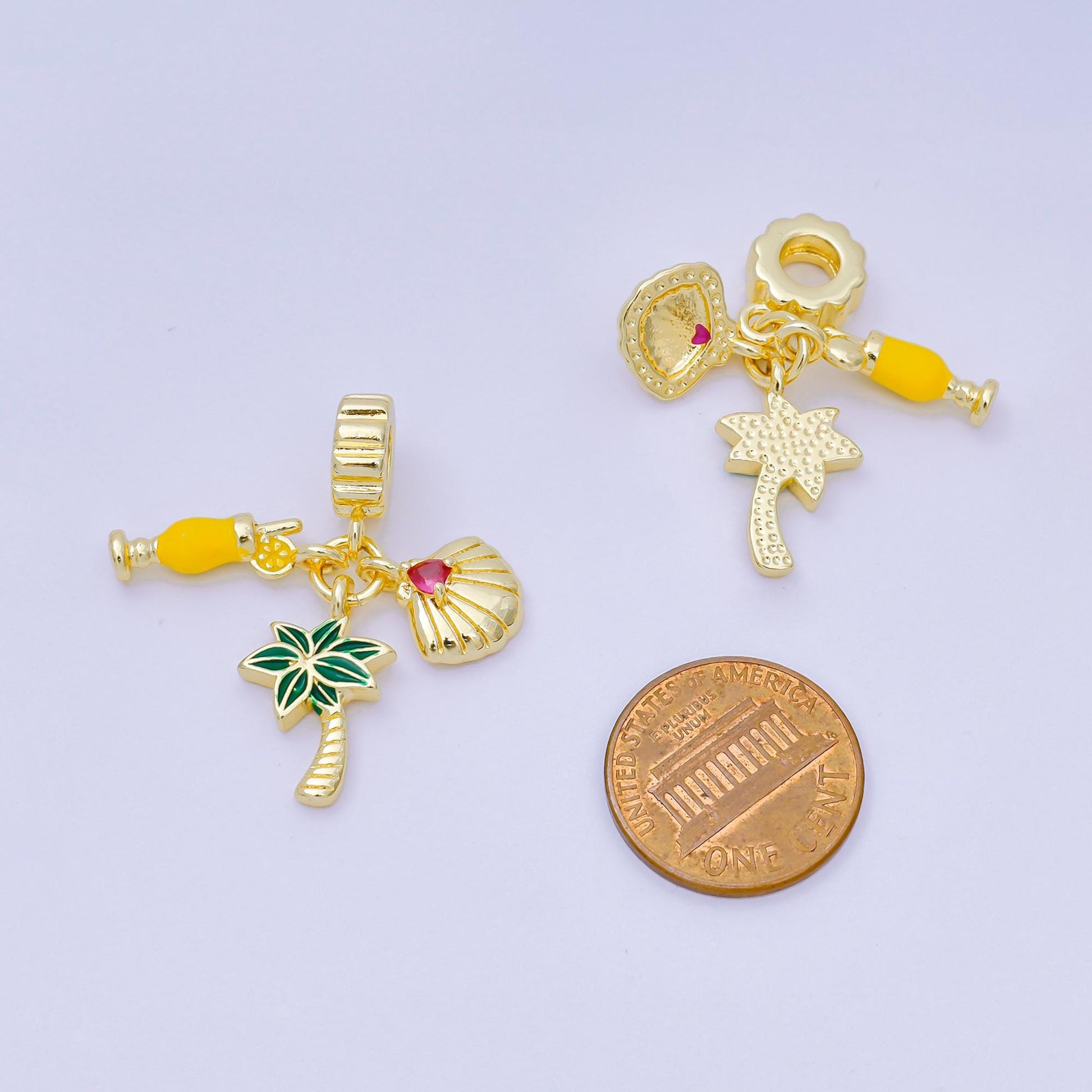 24K Gold Filled 17.5mm Pink CZ Enamel Art Vacation on Hawaii Set Charm in Orange Juice, Palm Tree, & Clam Shell | AH-598